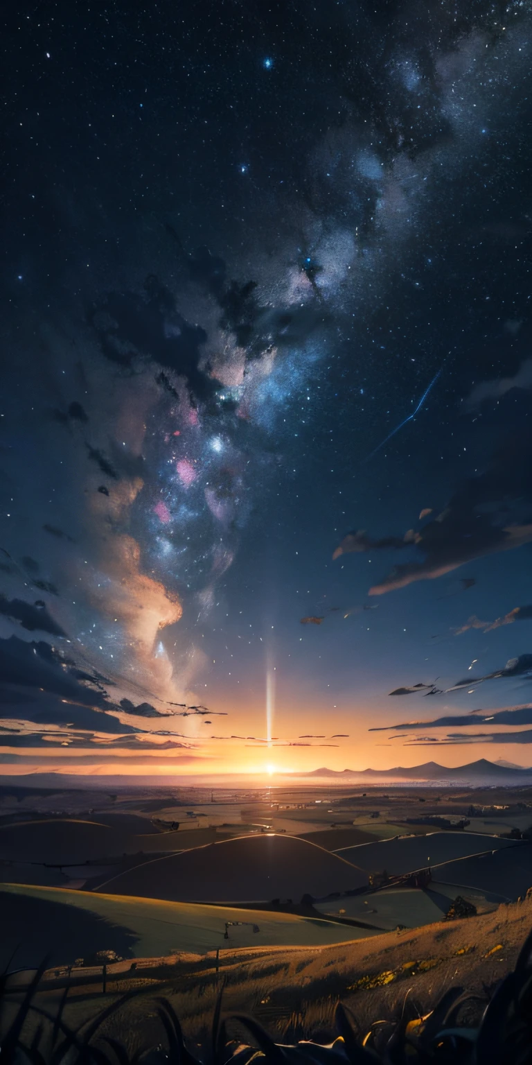 Vast sky、the beautiful skyline、Large grasslands、extremely tense and dramatic pictures、the moving visual effects、Long tailing shooting star、and colorful natural light。1girl in、(Naked:1.4)、Stand by the Viewer