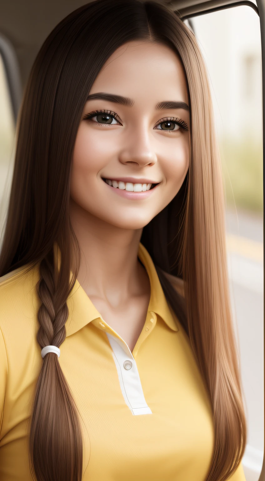 4k, realistic, carismatic, very detail, there is a womam, wearing a yellow shirt, white long hair, 25 years old, focus on the face, smiling