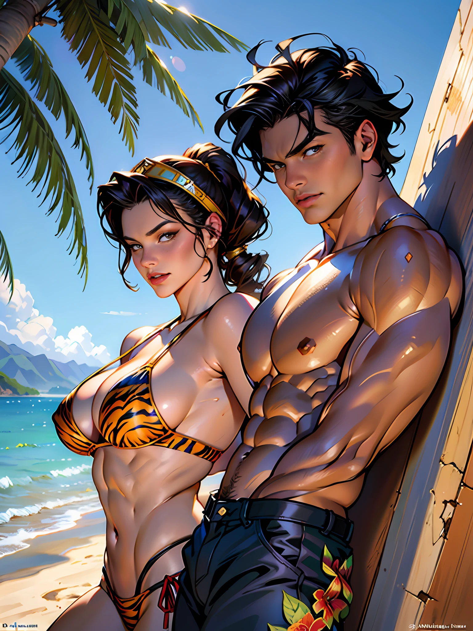 there is a woman in a bikini and a tiger on Hawaii Lahaina background, by Jaime Frias, by Randy Vargas, by Darrell Riche, jean-sebastien rossbach, by Tina Blondell, inspired by Greg Hildebrandt, by Eddie Mendoza, by Ignacio Zuloaga, full color illustration, boris vallejo and tom bagshaw, inspired by J.C. Leyendecker