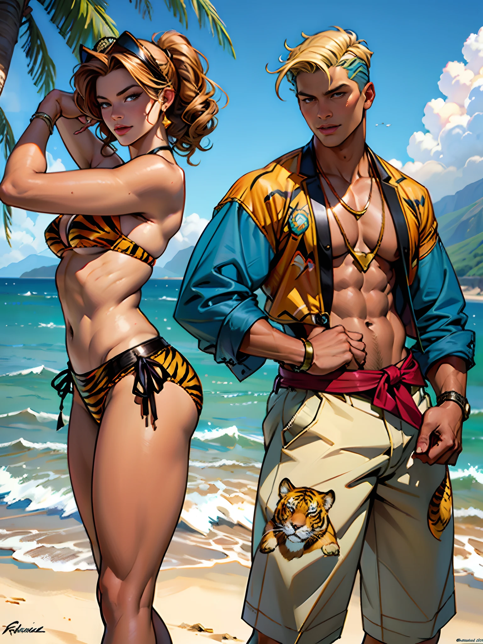 there is a woman in a bikini and a tiger on Hawaii Lahaina background, by Jaime Frias, by Randy Vargas, by Darrell Riche, jean-sebastien rossbach, by Tina Blondell, inspired by Greg Hildebrandt, by Eddie Mendoza, by Ignacio Zuloaga, full color illustration, boris vallejo and tom bagshaw, inspired by J.C. Leyendecker