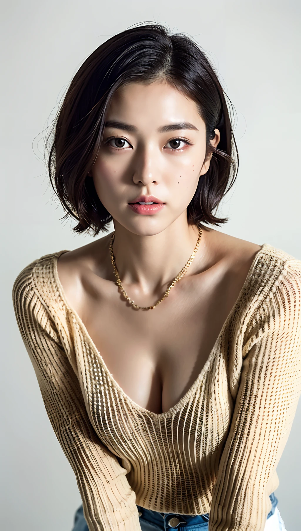 （best qualtiy，8k，32k，tmasterpiece，UHD：1.2），Beautiful Japanese woman in the photo，big cleavage breasts，Very short Bob hair，The upper part of the body，sface focus，oversized_sweater，choker necklace，sofe，Red stockings，sexy
Simple background，from the above，looking at viewert，