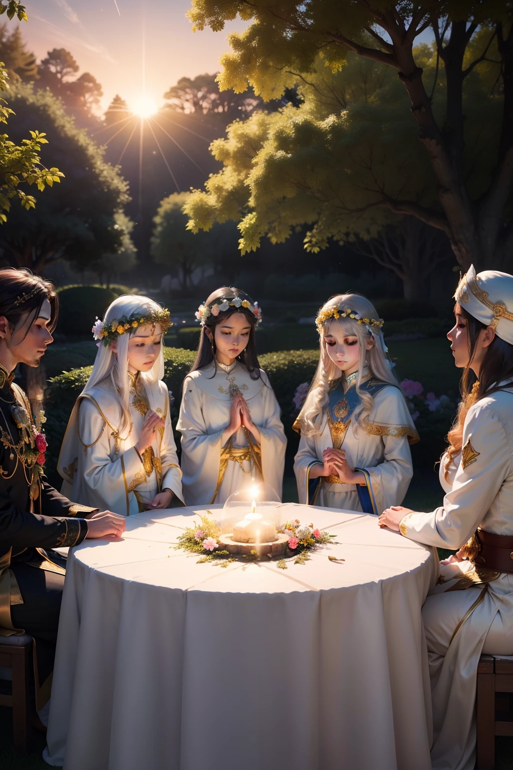 A realistic and clear representation of the ascended masters of spirituality, com trajes de reis celestiais, They are gathered in a heavenly garden, surrounded by resplendent flowers and ancient trees that seem to whisper wisdom, a luz suave do entardecer banha a cena, Transmitting serenity and transcendence, Fotografia, lente de 50mm, f/2.8, --ar 16:9 --v 5