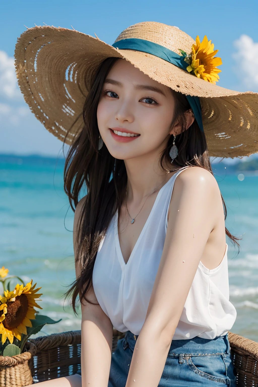 top-quality、masterpiece、超A high resolution、(Photorealsitic:1.4)、Raw foto、(Authentic skin texture:1.3)、(film grains:1.3)、the panorama、Character Portrait、Very Wide Shot、narrow waists、a closeup、bokeh effects、Water hose、splash water、A smile、1girl in、beautiful detailed eyes and face、Brown-eyed、sunflowers fields、Sunflower earrings、Sunflower flowers on background、Onepiece、Cutout shirts、Sunflower colored cut-out shirt、Under the blue sky、Angle from above the knee、Shy laughter、Looking at the camera、Eyes are on the viewer、a straw fedora hat、Sunflower trinkets、kiss face、the kiss