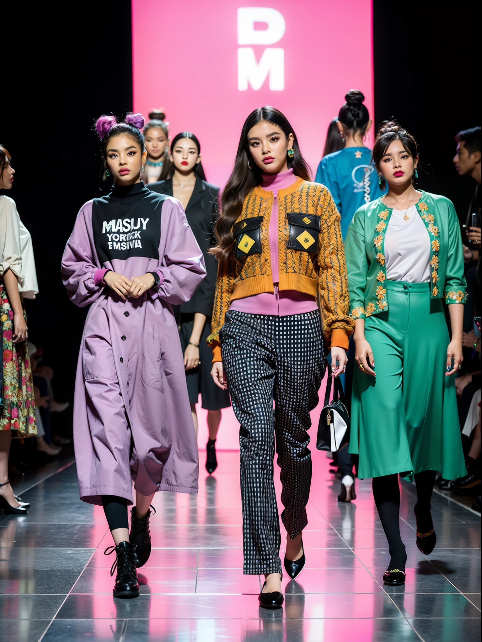 um desfile conceitual de moda, Trends of chubby fashion influencers, frequentadores urbanos, Estampas estilo patchwork., Parts with different details. plus size, (dark colors will be magenta, lavanda, terracota, turquesa, verde turquesa e rosa Barbie). roupas estampadas, checkered pieces