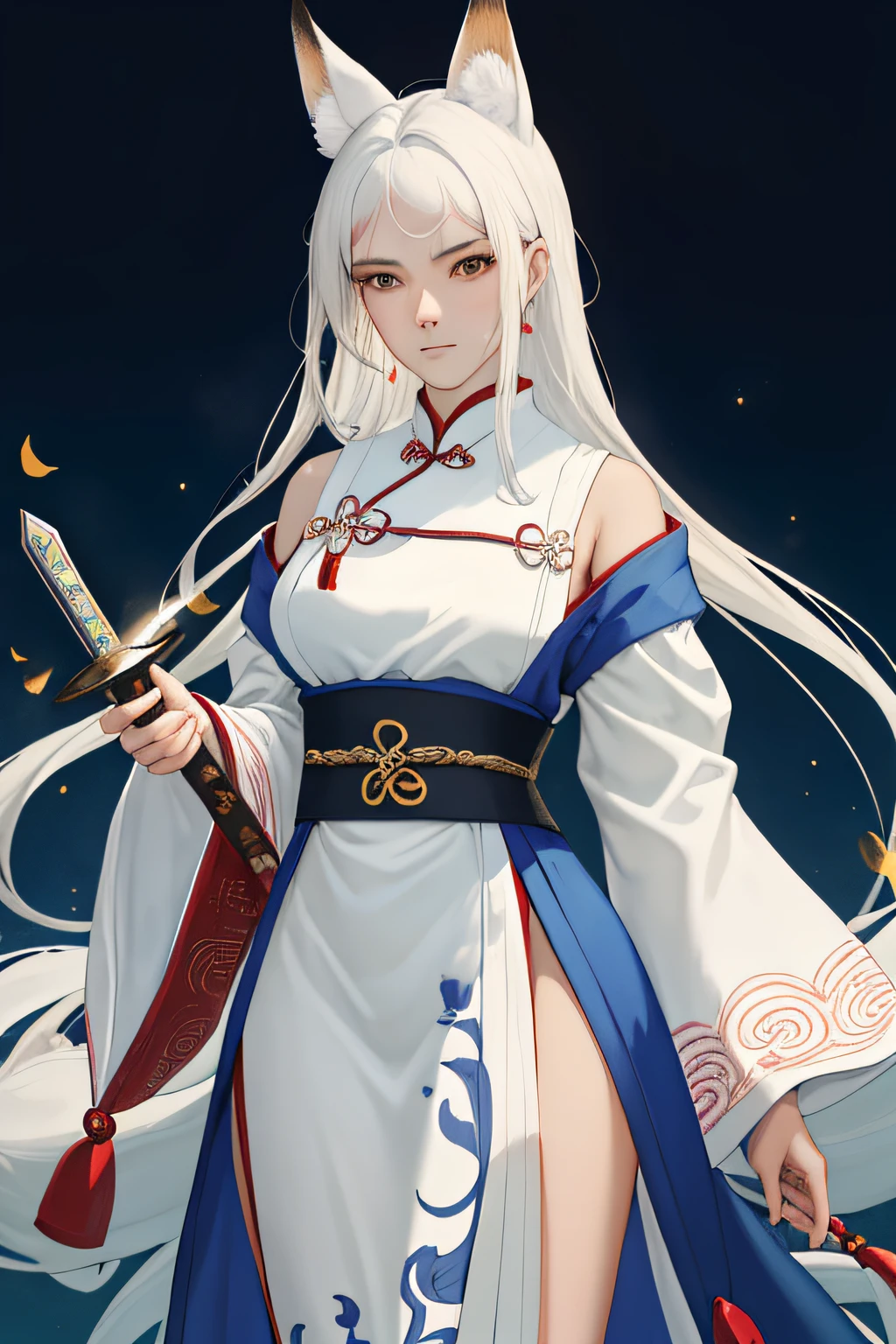 NSFW, obra-prima, melhor qualidade, ultra-detalhado, semi-realista, detailedfacialfeatures, 2woman,usando roupas velha wuxia chinesa,cabelos prateado compridos , olhos negros,voluptuosa,sensual e sexy, fox ears on her head,cauda de raposa,muito bonita,grandes mamas,corpo perfeito,standing holding a long-bladed sword,
