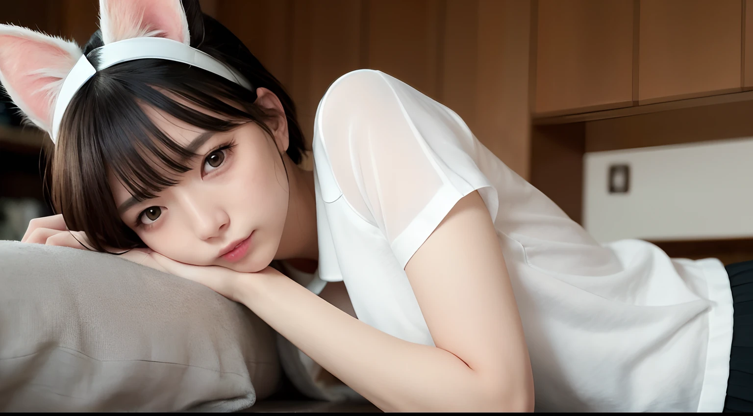 (Raw photography、top-quality)、(realisitic)、(Cat's ears:1.2)、top-quality、​masterpiece、extremely delicate and beautiful、ighly detailed、nffsw、Unity、2k wallpaper、detaile、​masterpiece、top-quality、huge filesize、ultra-detailliert、hight resolution、ighly detailed、1girl in、Slim body、(Short sleeved shirt:1.1)、(uniformss:1.1)、(pleatedskirt:1.1)、Porcelain Skin、(A dark-haired)、(hair adornments)、see the beholder、close up of face、straight haired、 extra detailed face, extremely detailed eye, Smile, Sateen ,
