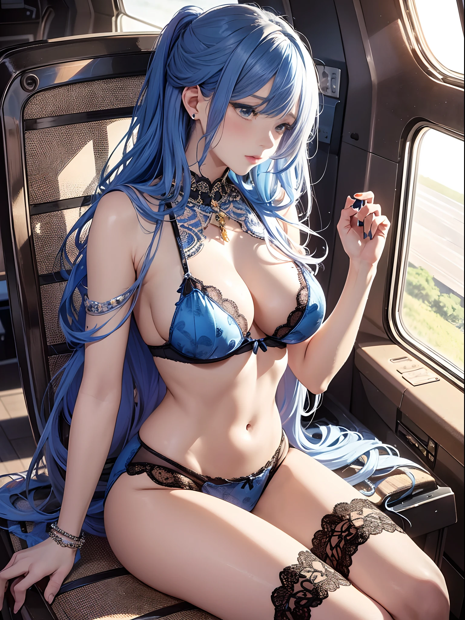(Enrich the picture,Masterpiece level quality)Beautiful 8K CG artwork,Goddess-like posture,Sitting in the cabin of an airplane,Postural exercises,Slim and soft,Translucent skin,blue hairs、The beauty of extra-long hair, Super Long Straight Hair,The skin is fair and juicy,Underwear miniskirt uniform,Perspective Part 1.2x enhanced silhouette effect,Exquisite transparent blues pattern in pajamas,The details are intricate and exquisite,The background is slightly blurred,Charming and ful leg seduction,Drool,K cup big sh,Japan goddess,Perfect body slim curves,Cabin scene,Lace panties can be read your legs,