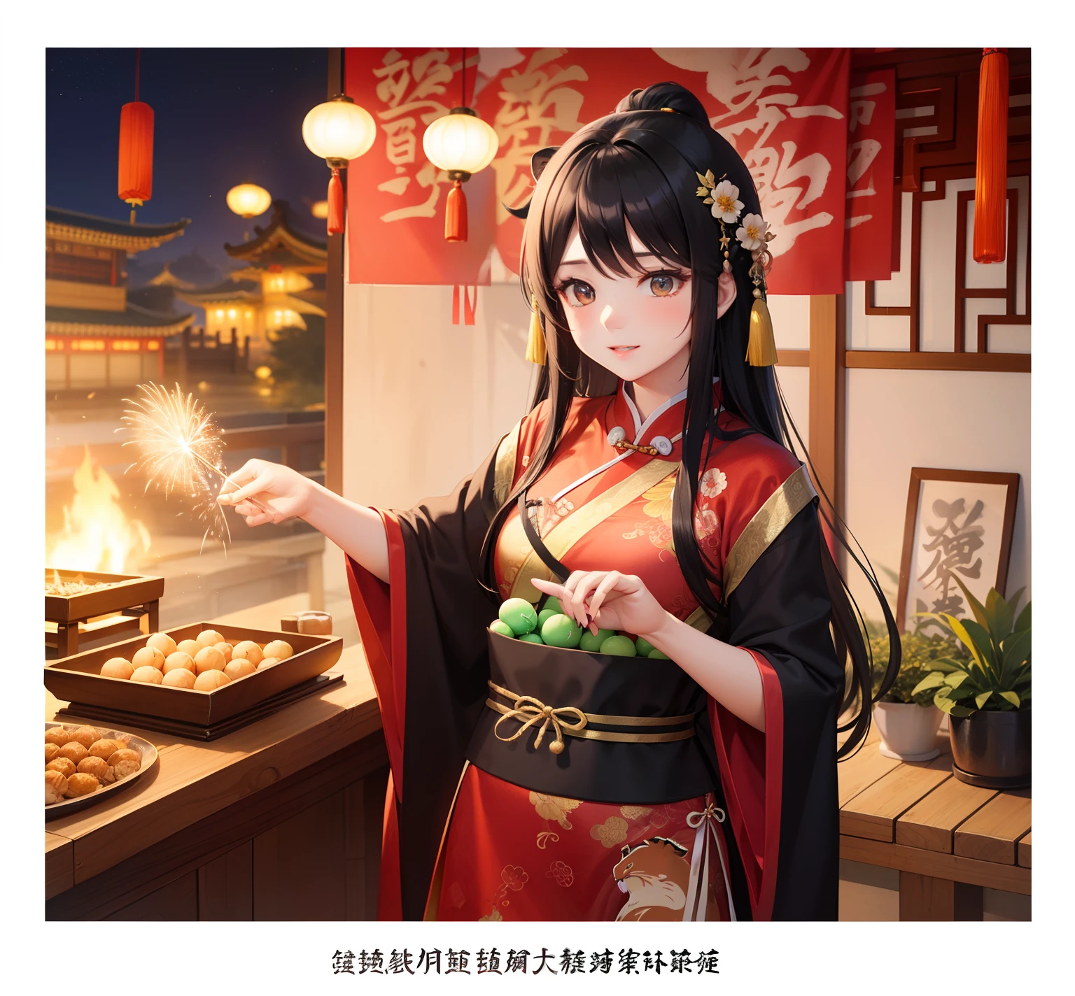 Handbook，a variety of poses，stickfigure，Palace Museum，Chinese architecture，，Her long hair sparkled in the sun，Gently landed on her shoulder，Looks gentle and cute。She wears Hanfu，Reveal the freshness and vitality of this era。 The accessories are simple and neat，small flower，vases，Kittens and puppies，pandas，bamboos，The new year has arrived，Chinese New Year，Fireworks，lion dance，，the night，fire works，Dragon，drak，Flying dragons，New Year's greetings，Dango head，Grandparents