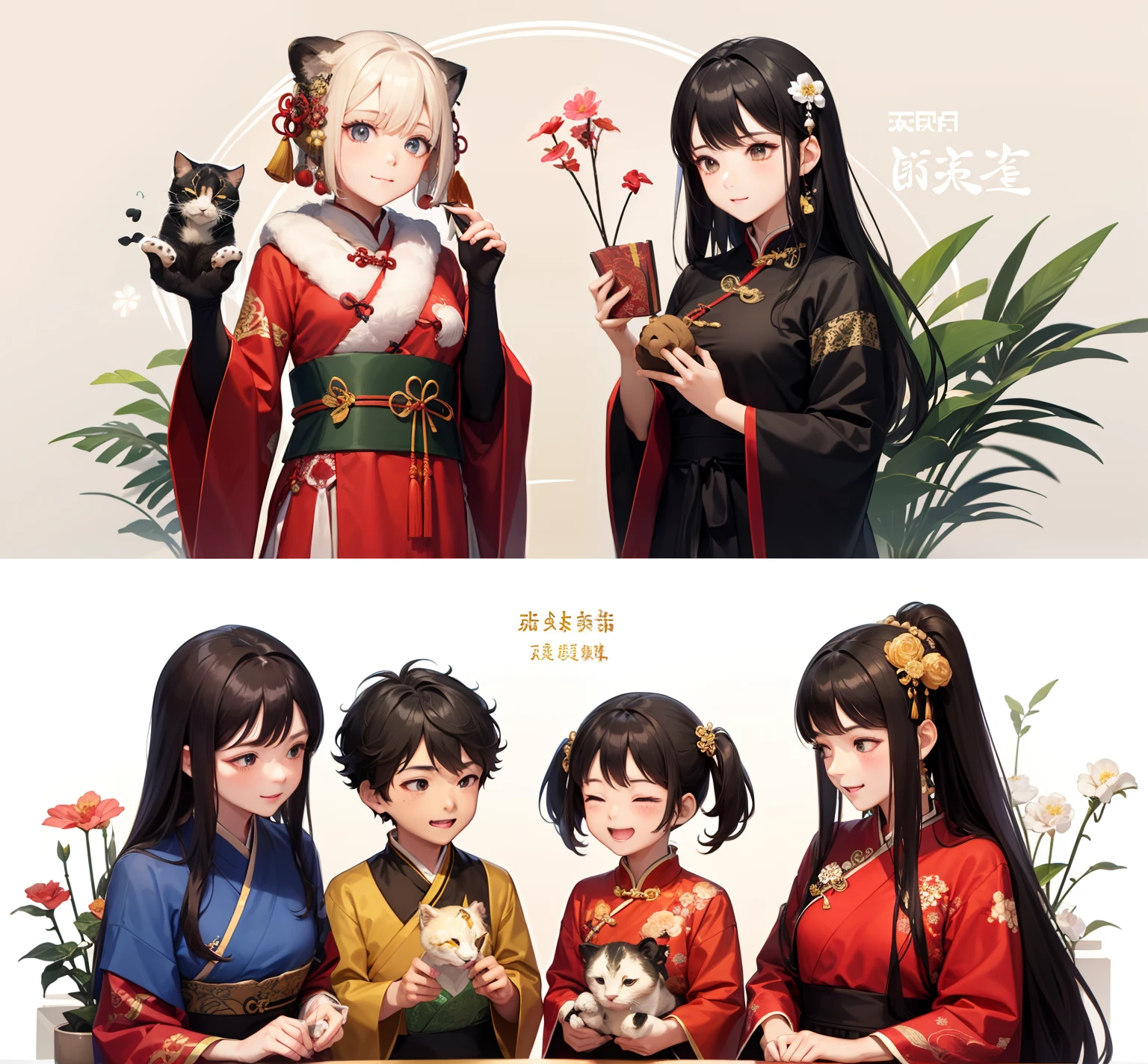 Handbook，a variety of poses，stickfigure，Palace Museum，Chinese architecture，，Her long hair sparkled in the sun，Gently landed on her shoulder，Looks gentle and cute。She wears Hanfu，Reveal the freshness and vitality of this era。 The accessories are simple and neat，small flower，vases，Kittens and puppies，pandas，bamboos，The new year has arrived，Chinese New Year，Fireworks，lion dance，，the night，fire works，Dragon，drak，Flying dragons，New Year's greetings，Dango head，Grandparents