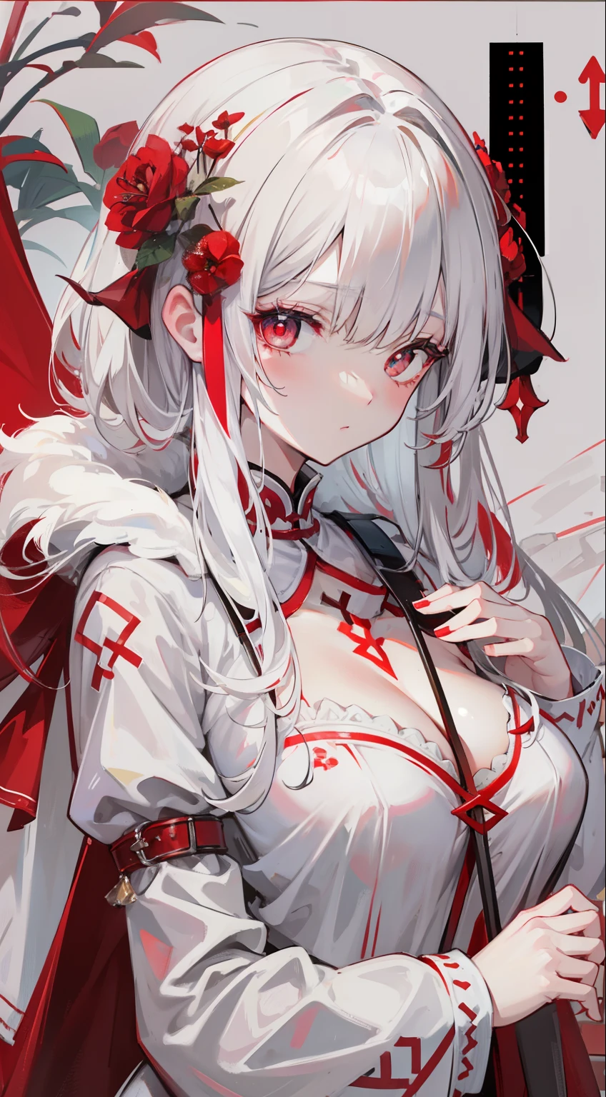 Creamy white hair,Deep red pupils,Bigchest,Red and white clothes,A cute and cute rune cultivator girl