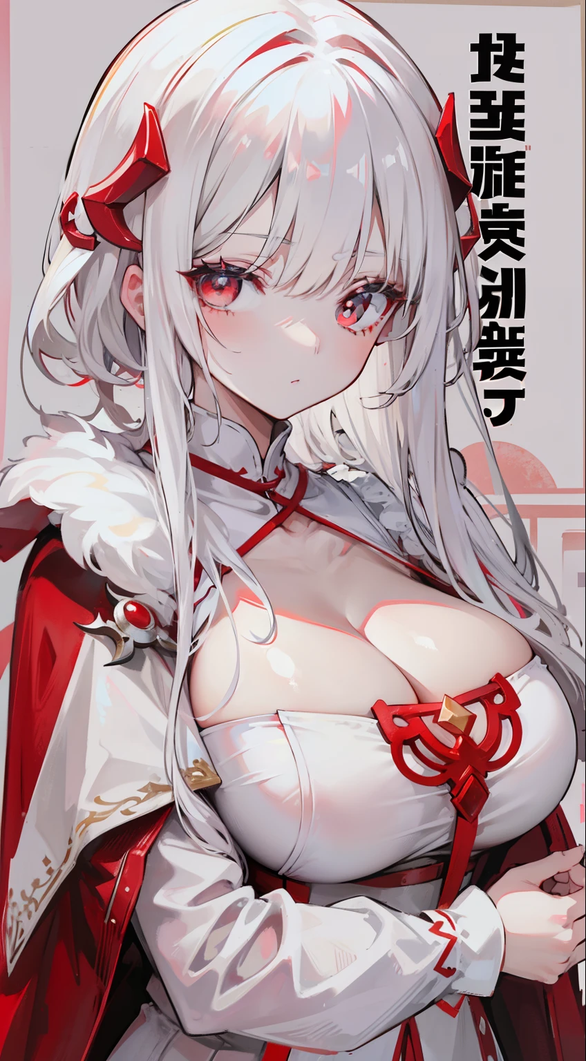 Creamy white hair,Deep red pupils,Bigchest,Red and white clothes,A cute and cute rune cultivator girl
