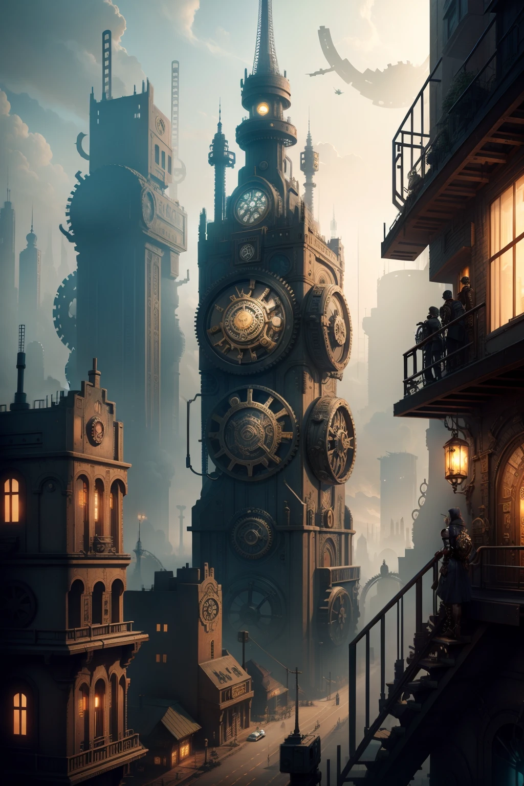 dystopian steampunk city constructed of metals, cogs and gears