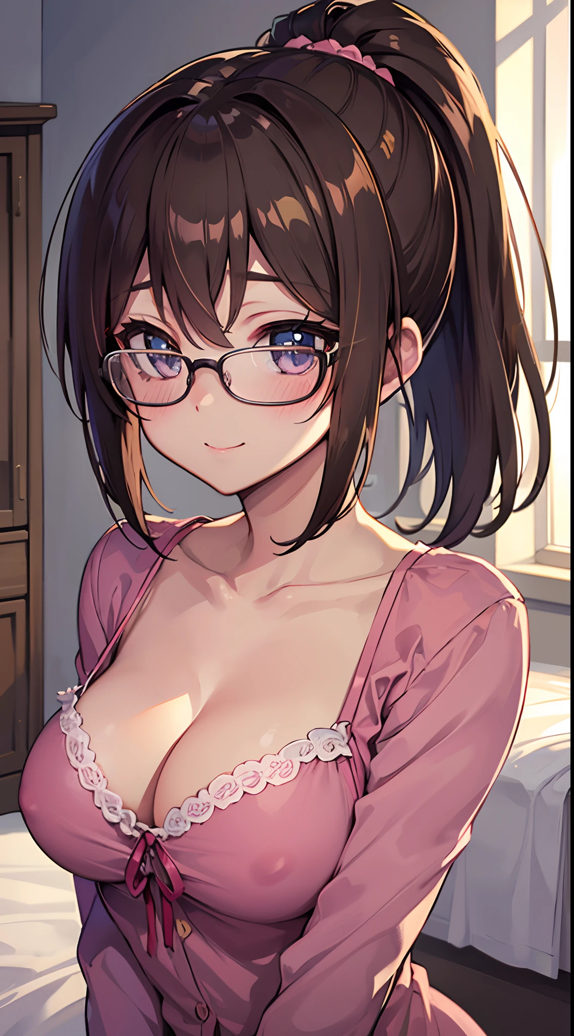 ((masterpiece)), ((best quality)), (ultra-detailed), ((kawaii)), cute, (lovely), ((extremely detailed)), 4K, (8K), best quality, (beautiful), anime style, upper body, focus on the face, in the room, on the bed, morning, summer, a cute girl, 1girl, solo, pajama, beautiful light brown hair, beautiful purple eyes, ((beautiful eyes)), white-skinned, ponytail, large breast, glasses, light smile, blush, lens flare