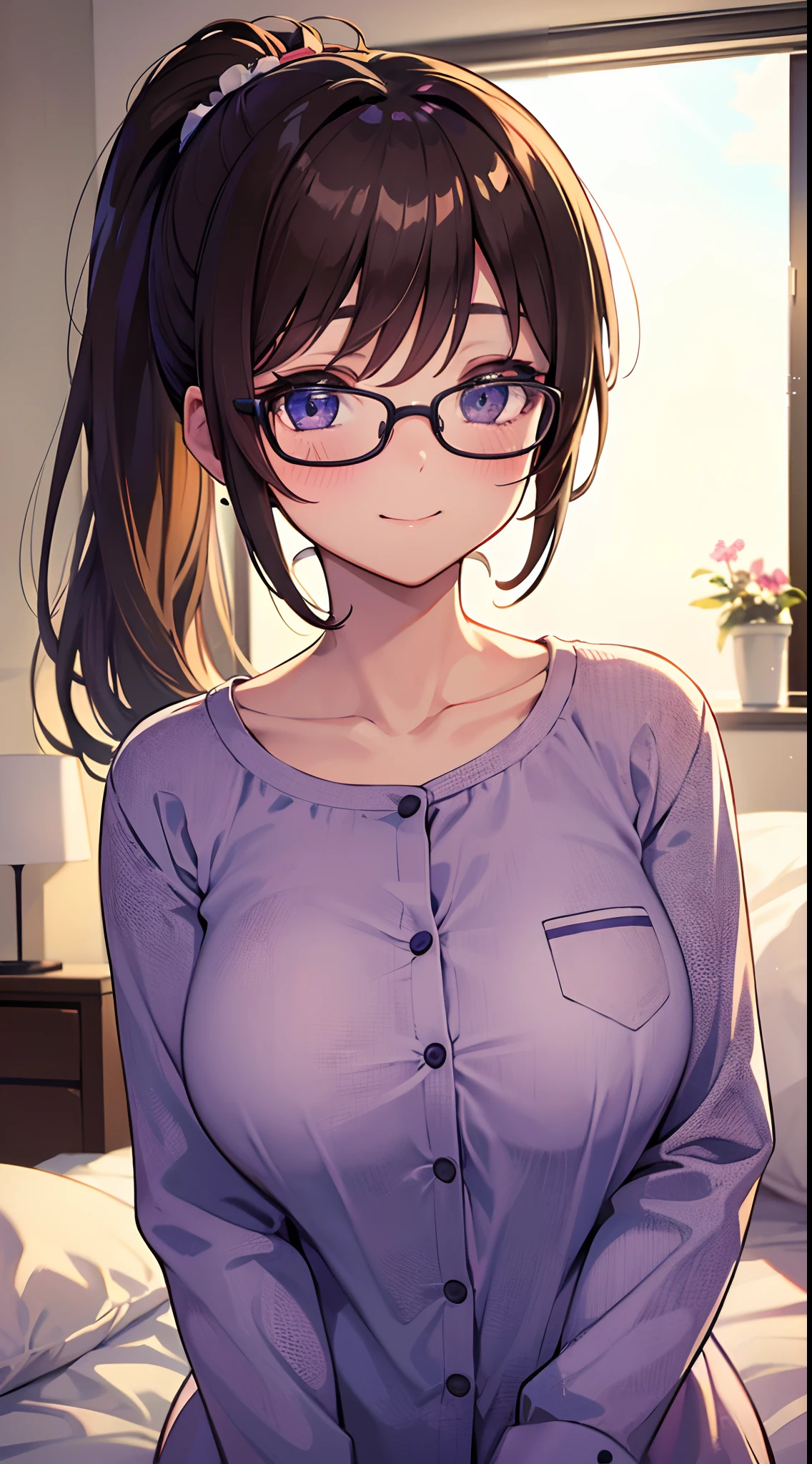 ((masterpiece)), ((best quality)), (ultra-detailed), ((kawaii)), cute, (lovely), ((extremely detailed)), 4K, (8K), best quality, (beautiful), anime style, upper body, focus on the face, in the room, on the bed, morning, summer, a cute girl, 1girl, solo, pajama, beautiful light brown hair, beautiful purple eyes, ((beautiful eyes)), white-skinned, ponytail, large breast, glasses, light smile, blush, lens flare