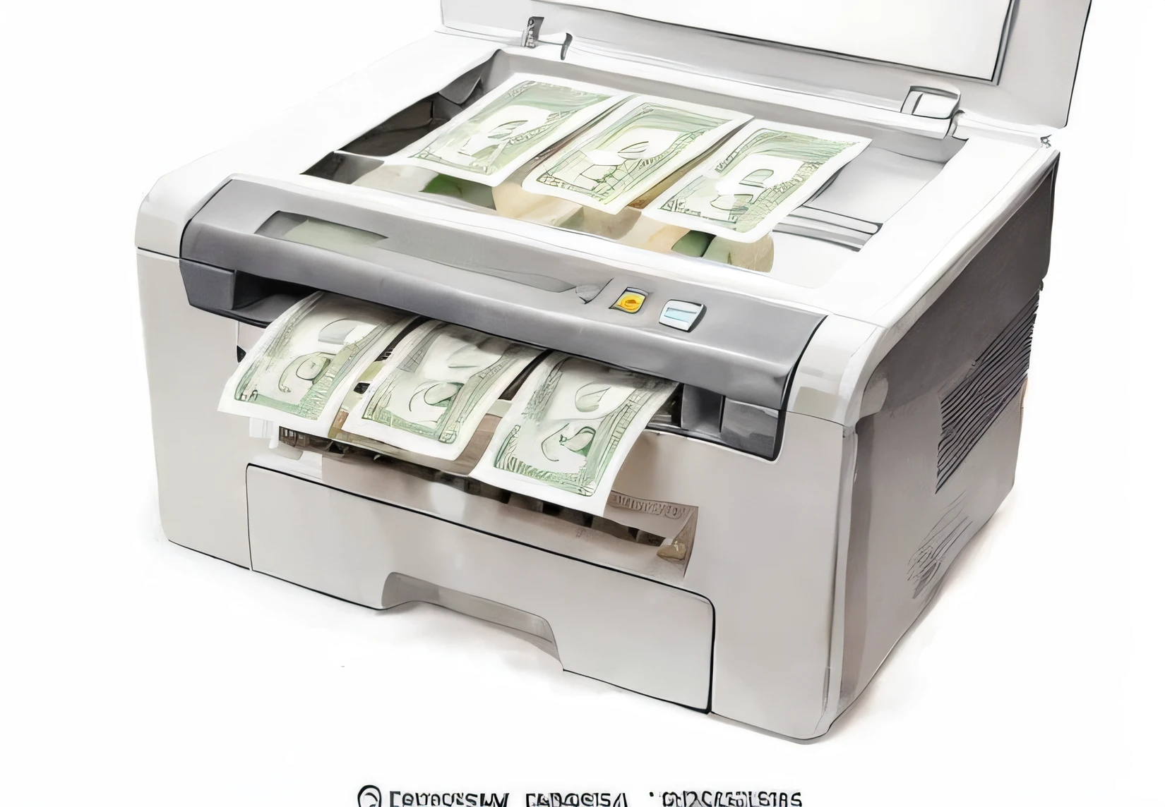 um close up de uma impressora com dinheiro em um fundo branco, dollar bills, banknote, dollar bills, high quality print, high resolution print, impresso em papel, low quality print, high detailed print, feito de dinheiro, with a xerox machine, dollar bills body horror, dollar bill, dinheiro em uma mesa lateral, fresh from the printer