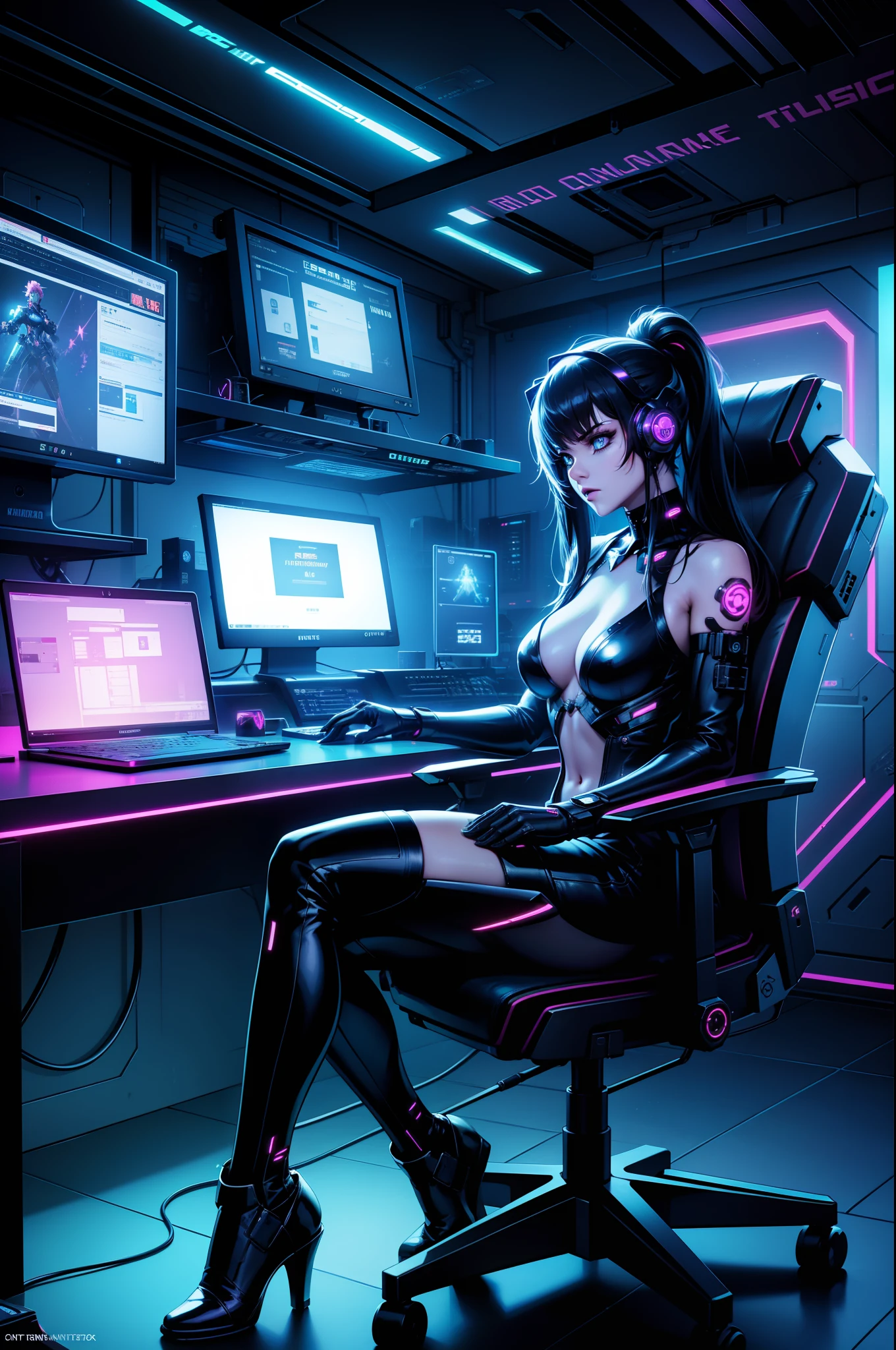 Hot gamer girl sitting in front of a dimly lit computer lab with lots of monitors and a keyboard, super military computer, W.O.P.R, cyberpunk setting, Cyber punk configuration, cyber neon lighting, cyber space, cyberpunk with neon lighting, lights cyber neon, in a cyberpunk themed room, interior cyberpunk, Gamer screen on metal table, cyber aesthetic, Cybernetic style, computer sci-fi, cyber background, cyber installation, console and computer