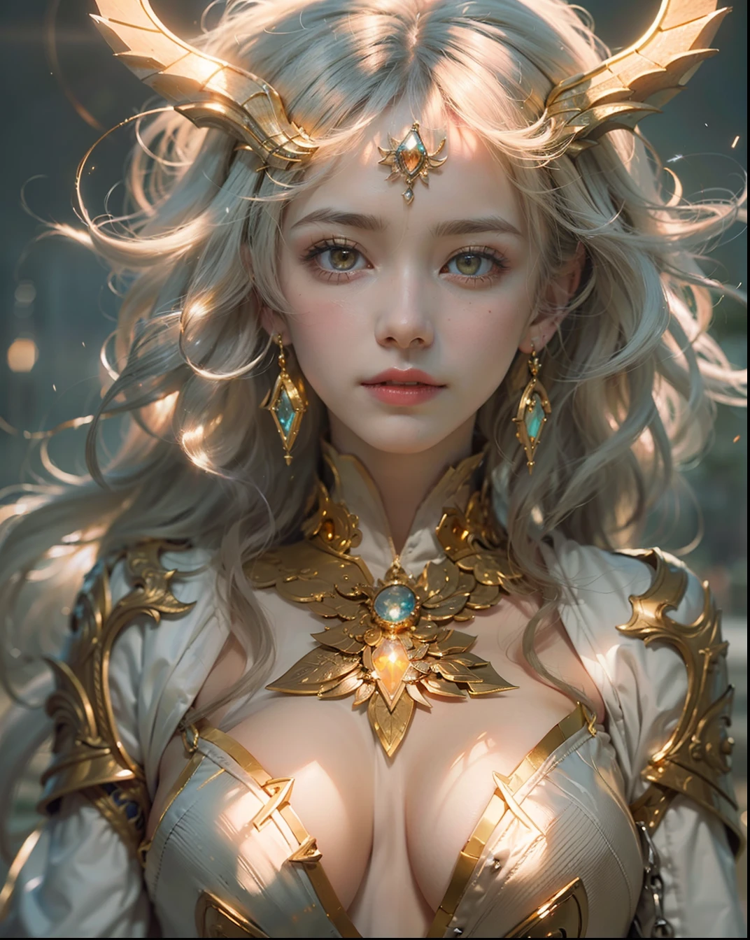 (number々Award-winning masterpieces of, with incredible detail, textures and maximum detail), (Hyper realistic:1.4), (Realistic:1.3), (Top quality real texture skins), (fine perfectly symmetrical eyes), finerly detailed face, ((medieval world)), ((The Demon of the Lord's Thunder)), ((The Lord's Lightning Devil)), (Bright golden expression burning in the eyes), (She has a mischievous smile on her face), (Golden eyes shining in the dark:1.5), (A pair of golden eyes emitting a strong golden light from the inside:1.5), bio luminescent, (full-body standing image:1.5), (gives full-body standing image:1.4), (Strong wind with swirling lightning in the background), (Dramatic light), (A majestic sight), (Her countenance is gentle and beautiful, however、Somehow horrible), Glass earrings on the ears, (dramatic photography:1.4), (Seduction poses), ((dramatic pose)), (flamboyant photo), (Golden hair), (Silver hair), (Chestnut hair), short cut hair, ((looks up)), ((Looking down)), (Around her neck is a simple necklace of exquisite workmanship), (Bioluminescence with brilliant brilliance:1.1), (Use fancy lightning magic:1.4), (Swirling thunder and lightning), The Great Temple of the Devil, The Devil's Grand Shrine, great temple, great cathedral, temple ruins, detached temple, (Luminous magic circle), Ruins of an ancient castle, Shining majestic cloud masses and sky, lightning bolt, Epic Realistic, Faded, Art Book, (Greg Rutkowski:0.8), (teal and orange:0.4), (Art Station:1.5), Cinematic, ((Neutral colors)), (nffsw:1.5), (Muted colors:1.2), Hyper Detailed, Dramatic light, (Intricate details:1.1), Complex background,A detailed eye、dual、Golden Eyes、Angle from above the knee、The gaze is looking at the viewer,small tit、Breasts are small and B size、Cleavage is visible、Beautiful eyes、