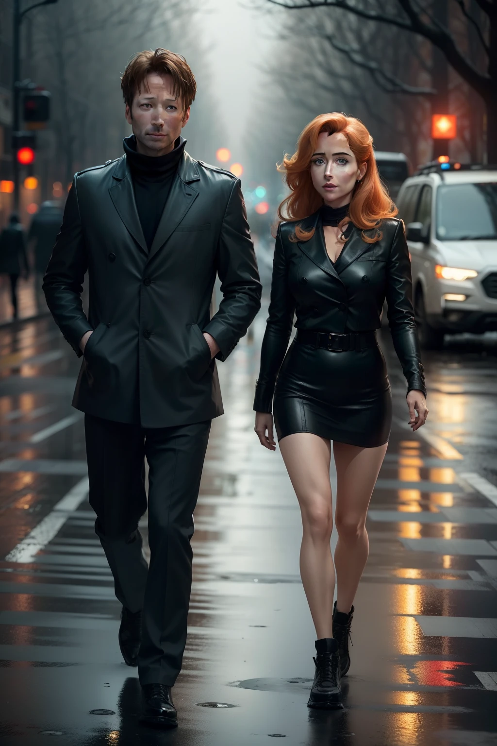 david duchovny and gillian anderson (X Files) walking on a rainy road near a forrest