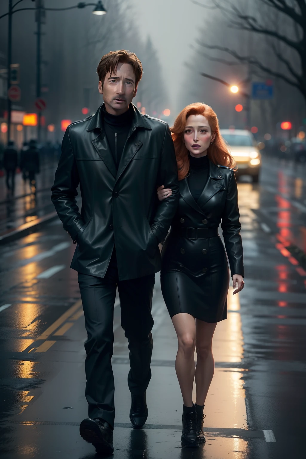 david duchovny and gillian anderson (X Files) walking on a rainy road near a forrest
