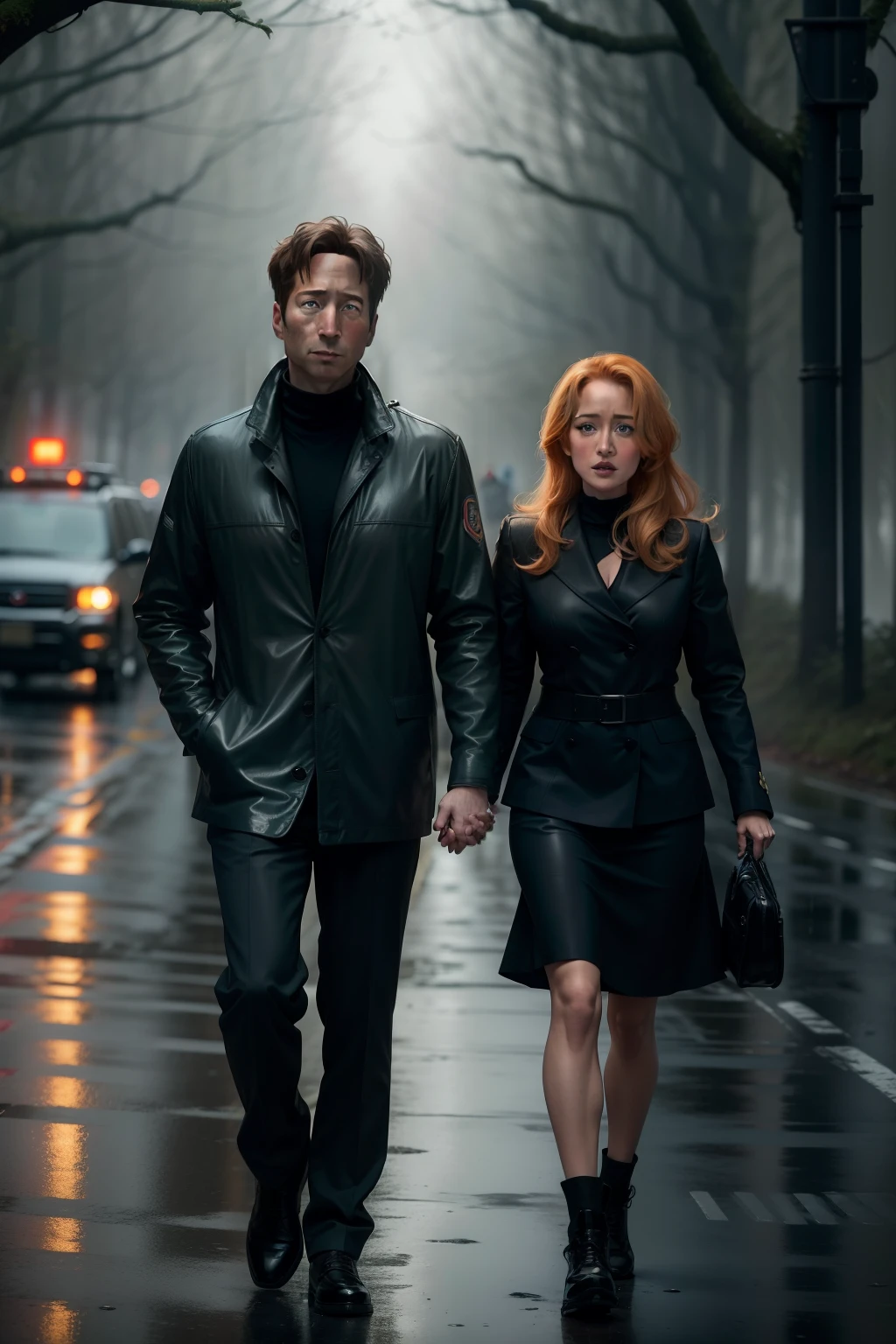 david duchovny and gillian anderson (X Files) walking on a rainy road near a forrest