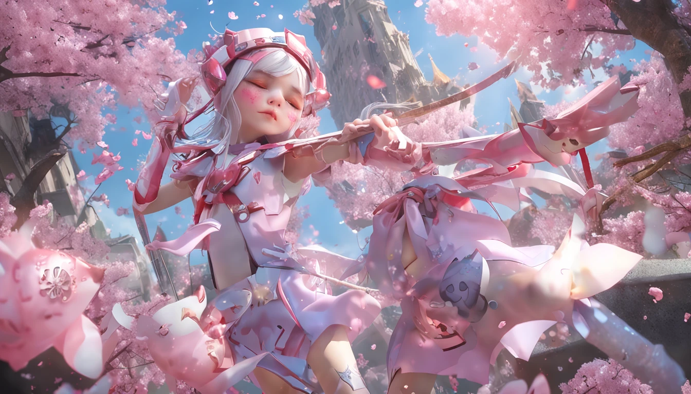 photoRealstic,She is a magical girl、Magic wand and magical creatures、Fight in the ruins of the city、Completely unbeatable cuteness、Cherry blossom petals