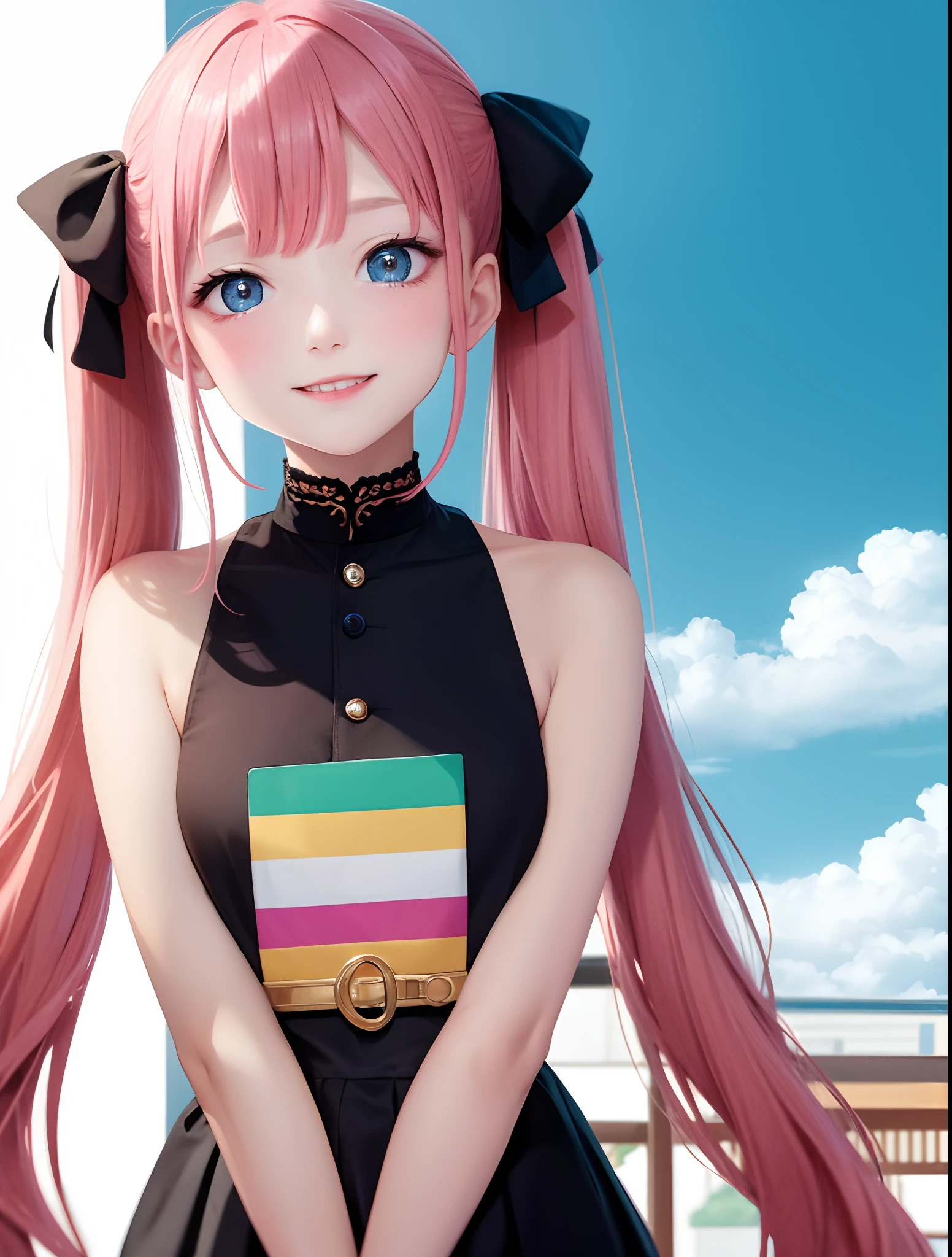 top-quality、超A high resolution、a picture、a photo of a cute girl、A detailed face、(PureErosFace_V1:0.008)、14years、Pink and straight long twin tails、Eye color is blue、fullnude、Background of the summer festival、red blush、A slight smil、looking in camera、