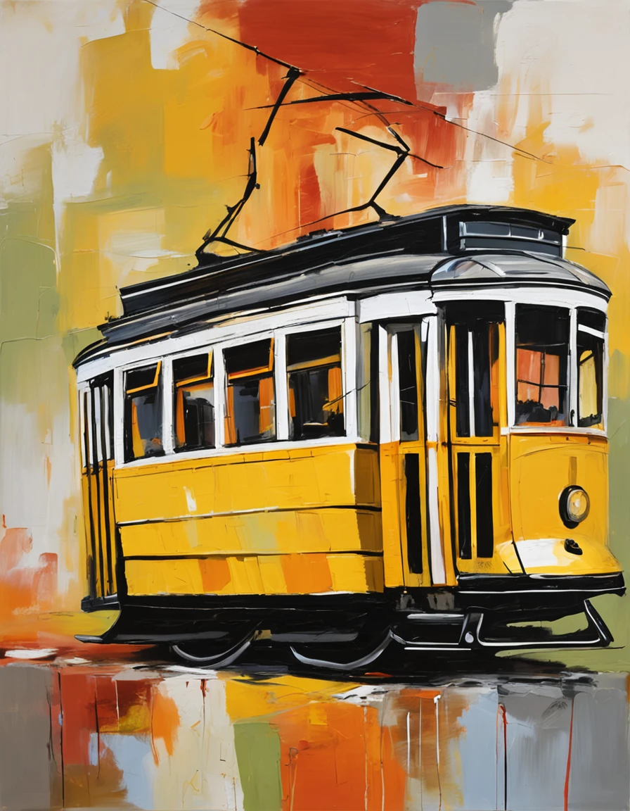 Simple illustration of a yellow Lisbon Tram 28e, with flat colors, front-facing perspective, bold black lines, on a white background.