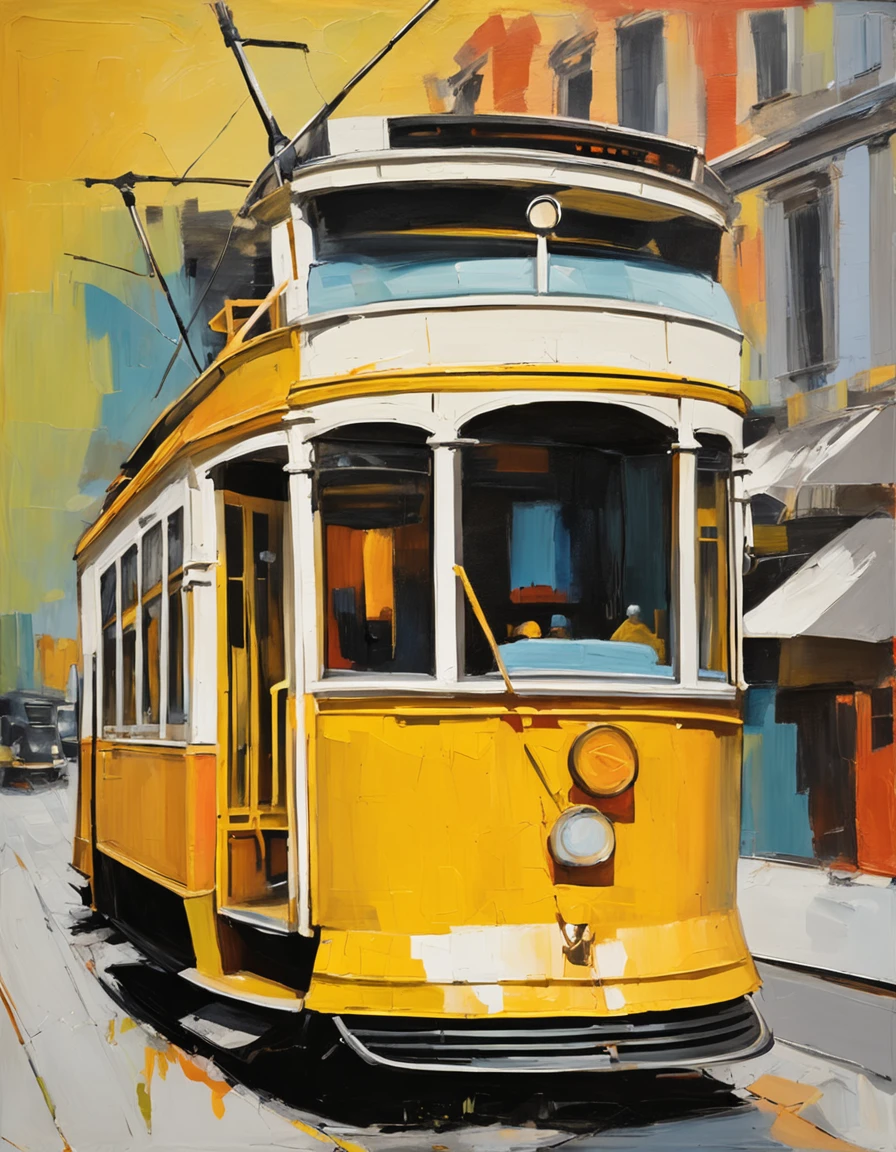 Simple illustration of a yellow Lisbon Tram 28e, with flat colors, front-facing perspective, bold black lines, on a white background.