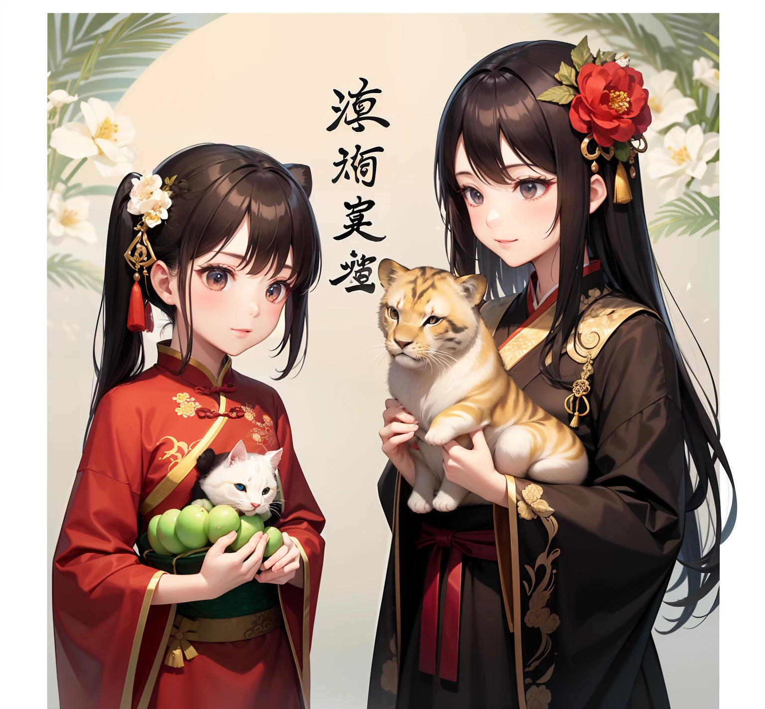 Handbook,a variety of poses,stickfigure,Palace Museum,Chinese architecture,,Her long hair sparkled in the sun,Gently landed on her shoulder,Looks gentle and cute。She wears Hanfu,Reveal the freshness and vitality of this era。 The accessories are simple and neat,small flower,vases,Kittens and puppies,pandas,bamboos,The new year has arrived,Chinese New Year,Fireworks,lion dance,,the night,fire works,Dragon,drak,Flying dragons,New Year's greetings,Dango head,Grandparents
