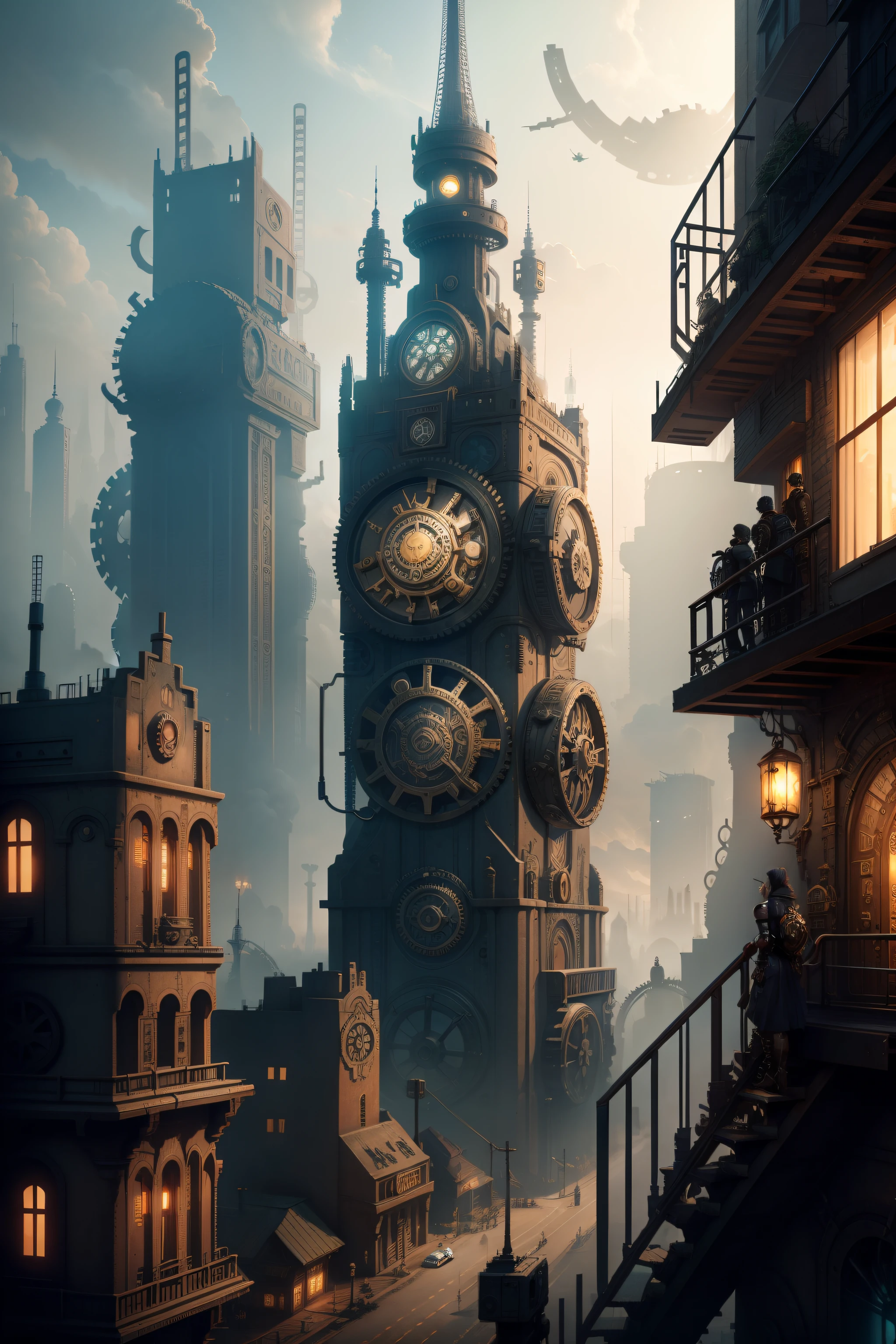 dystopian steampunk city constructed of metals, cogs and gears