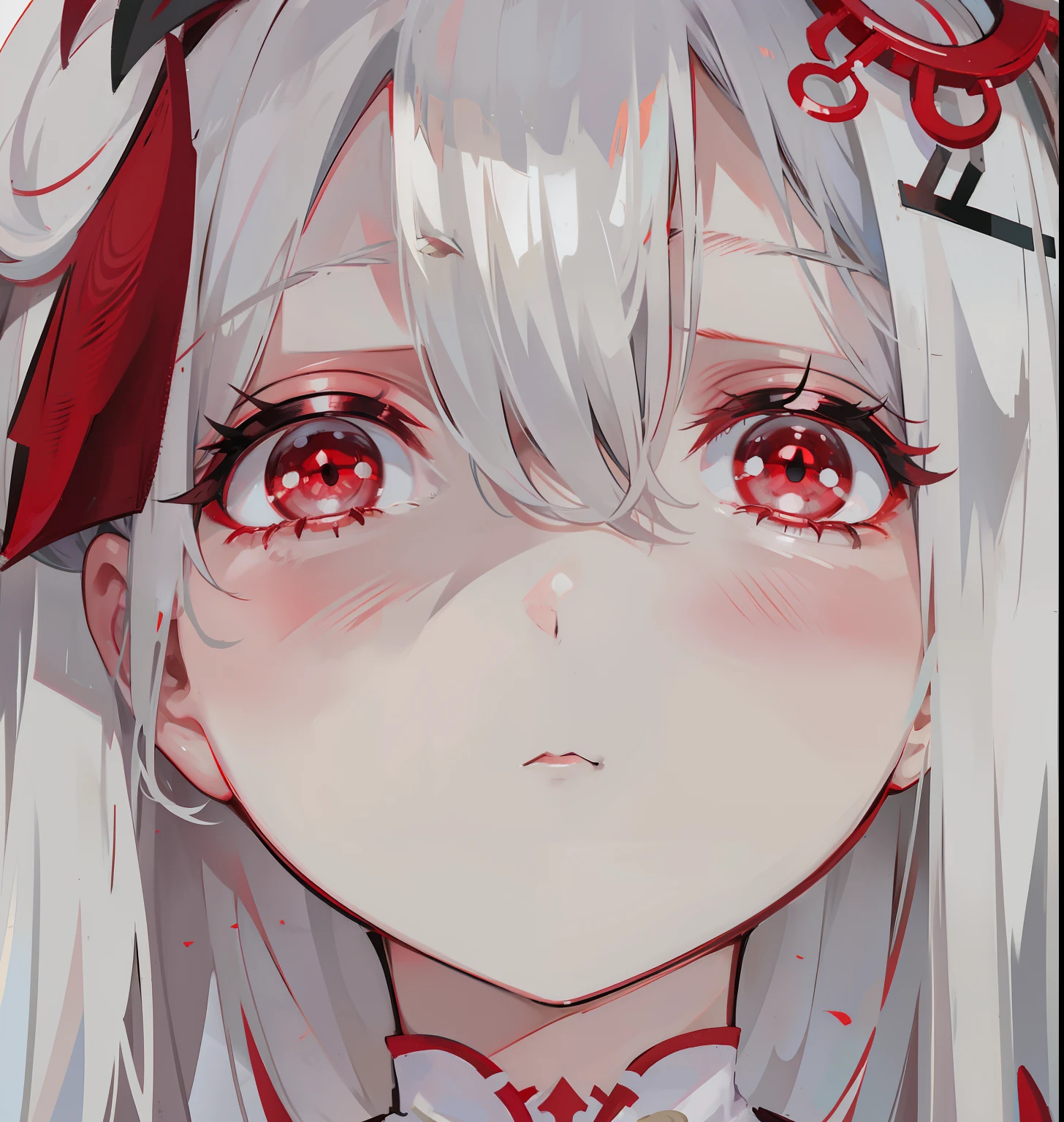Creamy white hair,Deep red pupils,Bigchest,Red and white clothes,A cute and cute rune cultivator girl