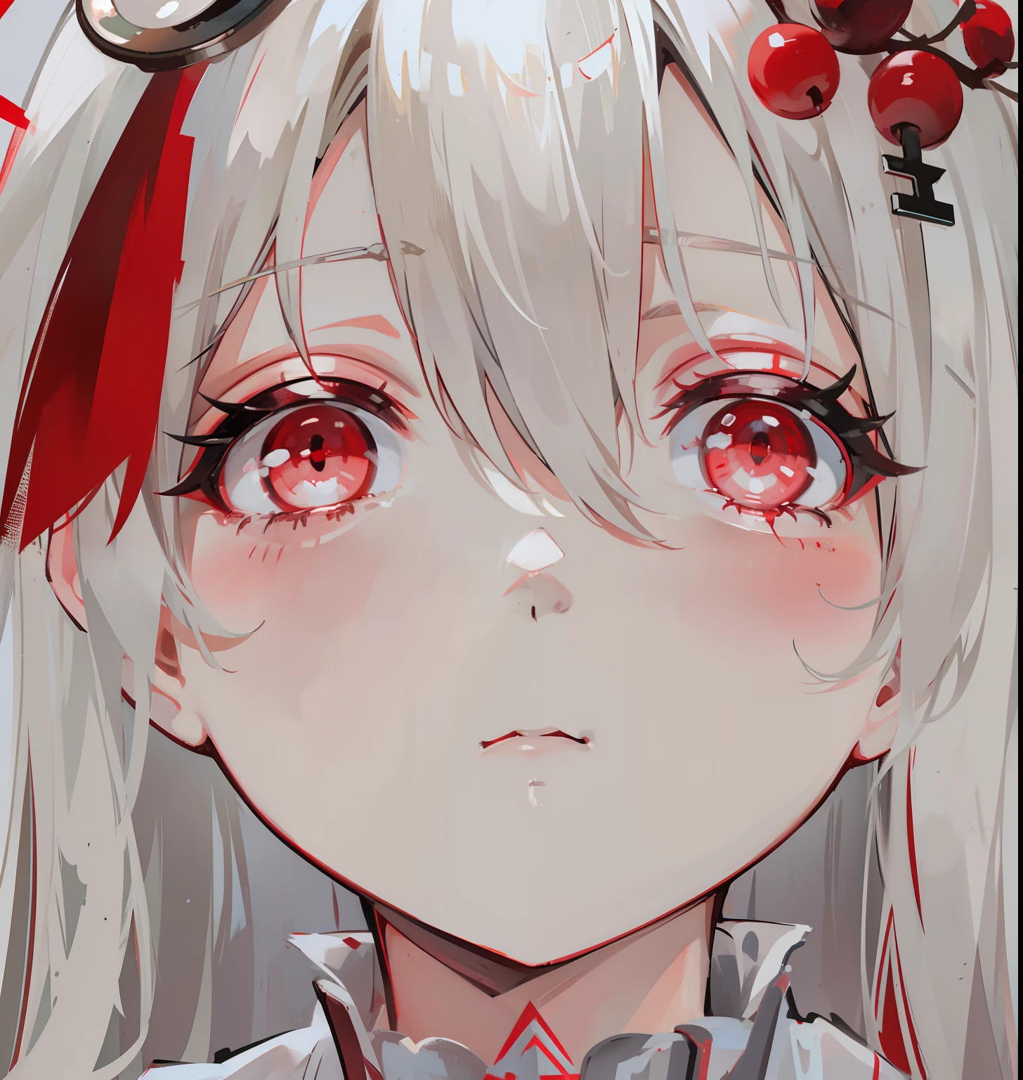 Creamy white hair,Deep red pupils,Bigchest,Red and white clothes,A cute and cute rune cultivator girl