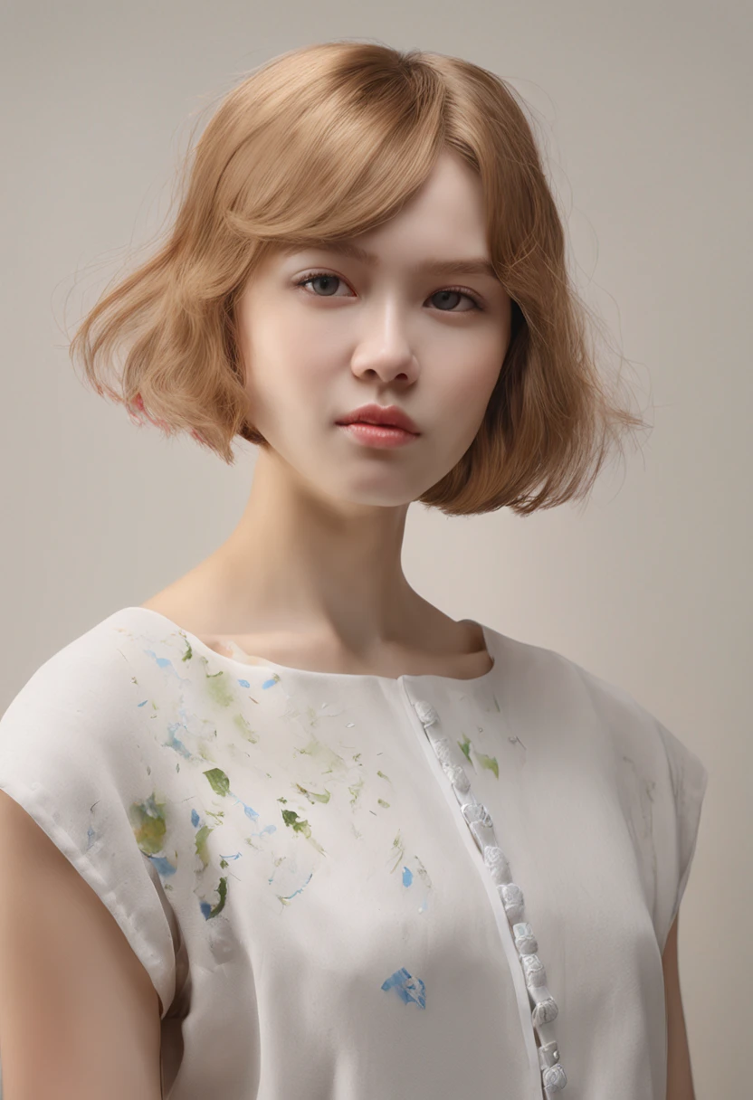 Professional、(4k photos:1.1) (Jeremy Ripking:0.3)、(Anna Dittmann:0.3)、(Ariane Mark:0.3)、(Sharp Focus:1.3)、high détails、((Pose Photo)), Full view, masutepiece, (White wall background), (reality: 1.2), 1 girl, ,(beatiful detailed eyes), ((Cute little nose) ), ((Very cute and beautiful girl)) , Detailed face, ((blush)),Silver hair, ((Ultra short hair)), Very short bob cut,Pretty eyes、drooing eyes、 (Beautiful green eyes), ((eye line)),flat breast、 Fine mechanical parts, silky white skin, revealing cleavage、(Protruding buttocks: 1.35), ((Smile)), ((White panel wall background: 1.25)), (isometric: 1.0), in 8K, (High resolution: 1.5), ((Cute idol face : 1.5 )), (model poses: 1.5 ), looking in camera, (upward-eyed: 1.3), (Breathing ears),Wear (Tight shirt:1.2)、Beautiful Detail Face、(attractive young woman:1.3)、(Captivating:1.1)、Natural Breast、