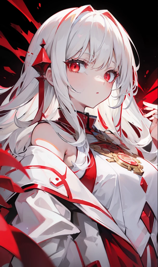 Creamy white hair,Crimson pupils,Bigchest,Red and white clothes,Cute and cute rune cultivation girl