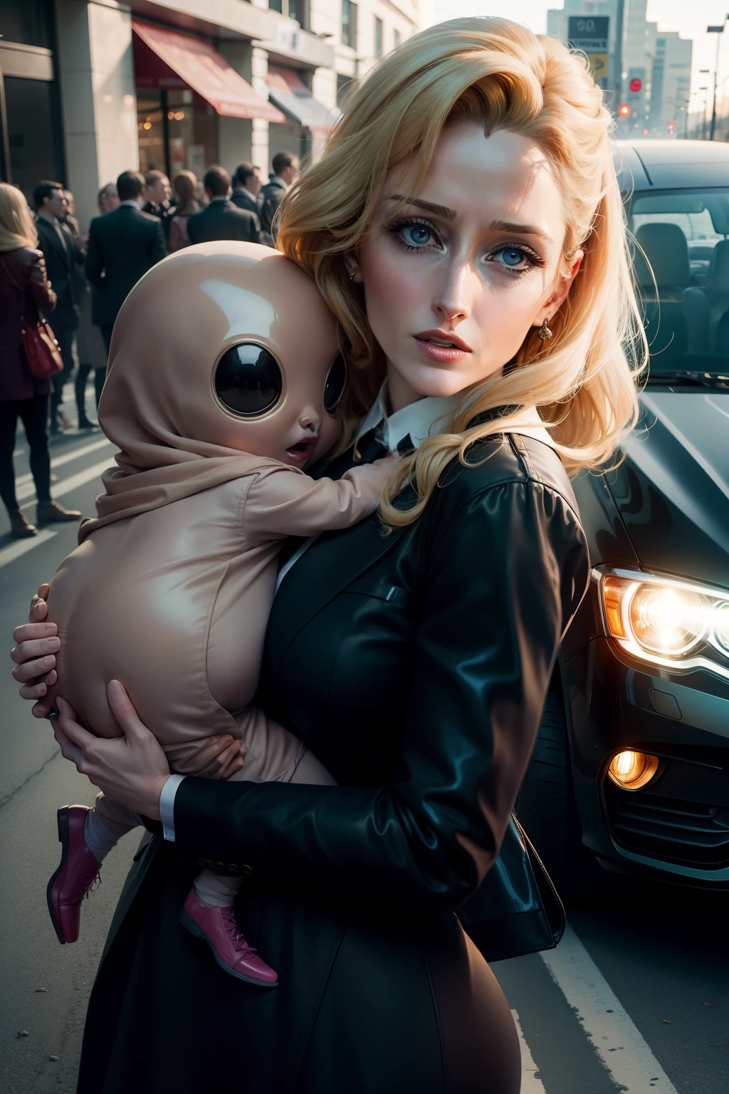 gillian anderson and a alien , near a car , trying to escape