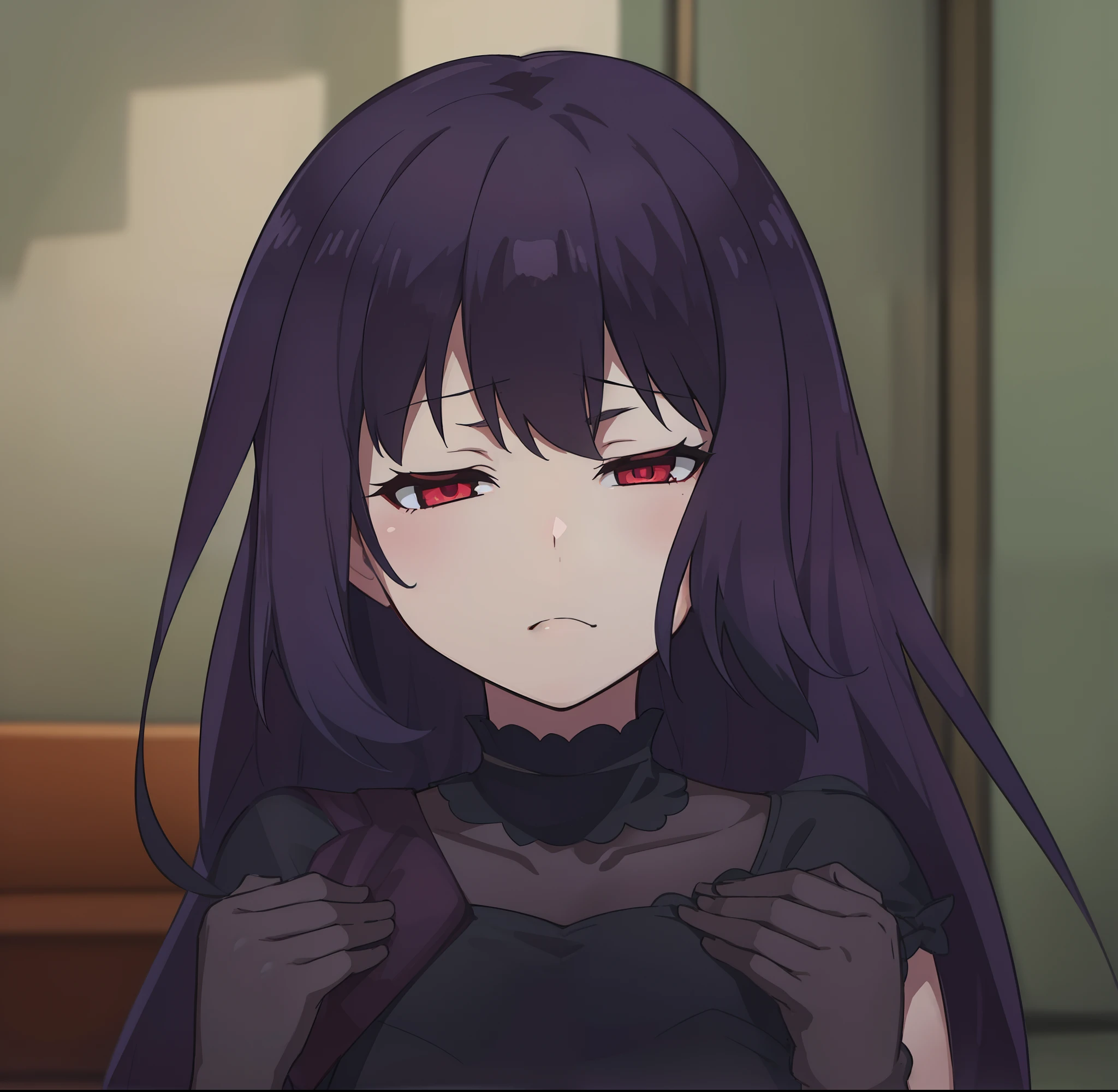 A girl. dark colored hair. red-eyes. Dark gothic outfit. frowning face. Closed eyes. bags under eyes. A hand in a dark glove near the chest.