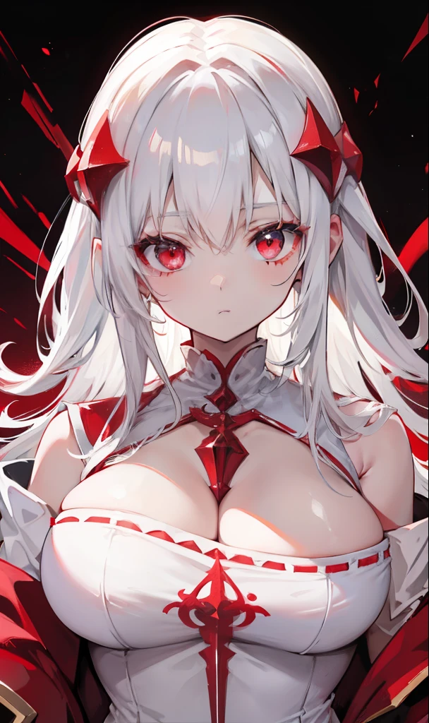 Creamy white hair,Crimson pupils,Bigchest,Red and white clothes,Cute and cute rune cultivation girl