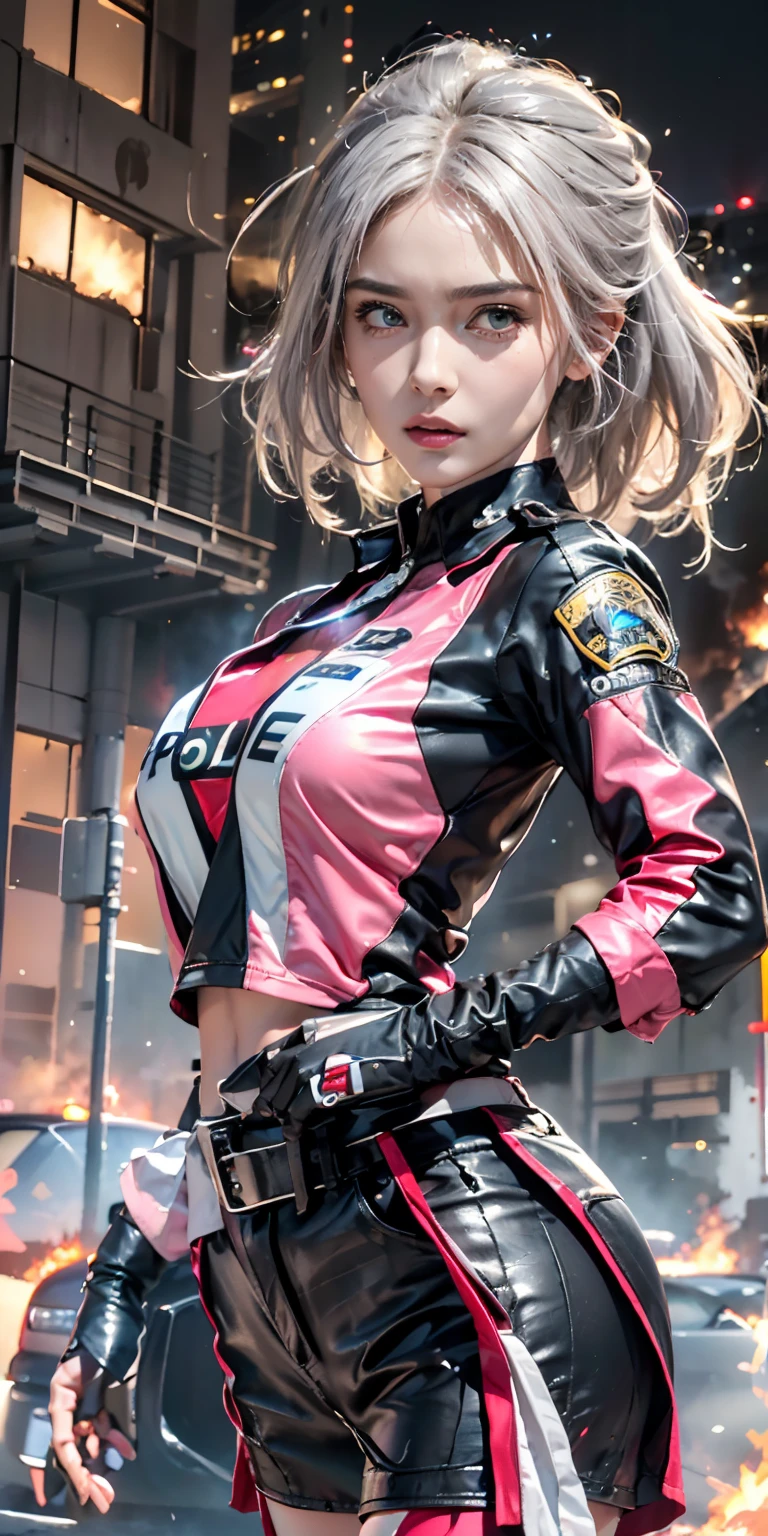 (Top Quality, Ultra High Definition, Photorealistic:1.4), (cowboy shot:1), 1 Beautiful Armed Girl, (Kpop Idol), Detailed Face, (Hair Style: Pink:1, fullbang, shortbob-style:1), Contrapposto, Perfect Anatomy, Smooth Skin, Professional Lighting, ((wearing Futuristic Police Racing Suits, low-mini-skirt, police wappen, High-tech Headset, military waist harness and gun-holder, racing gloves, transceiver, handgun)), (Cloths colors based on silver pink black white), (background, crashed cars, fire, (Explosion)),