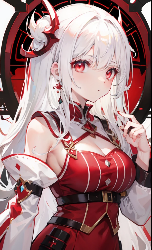 Creamy white hair，Crimson pupils，Bigchest，Red and white clothes，Cute and cute rune cultivation girl