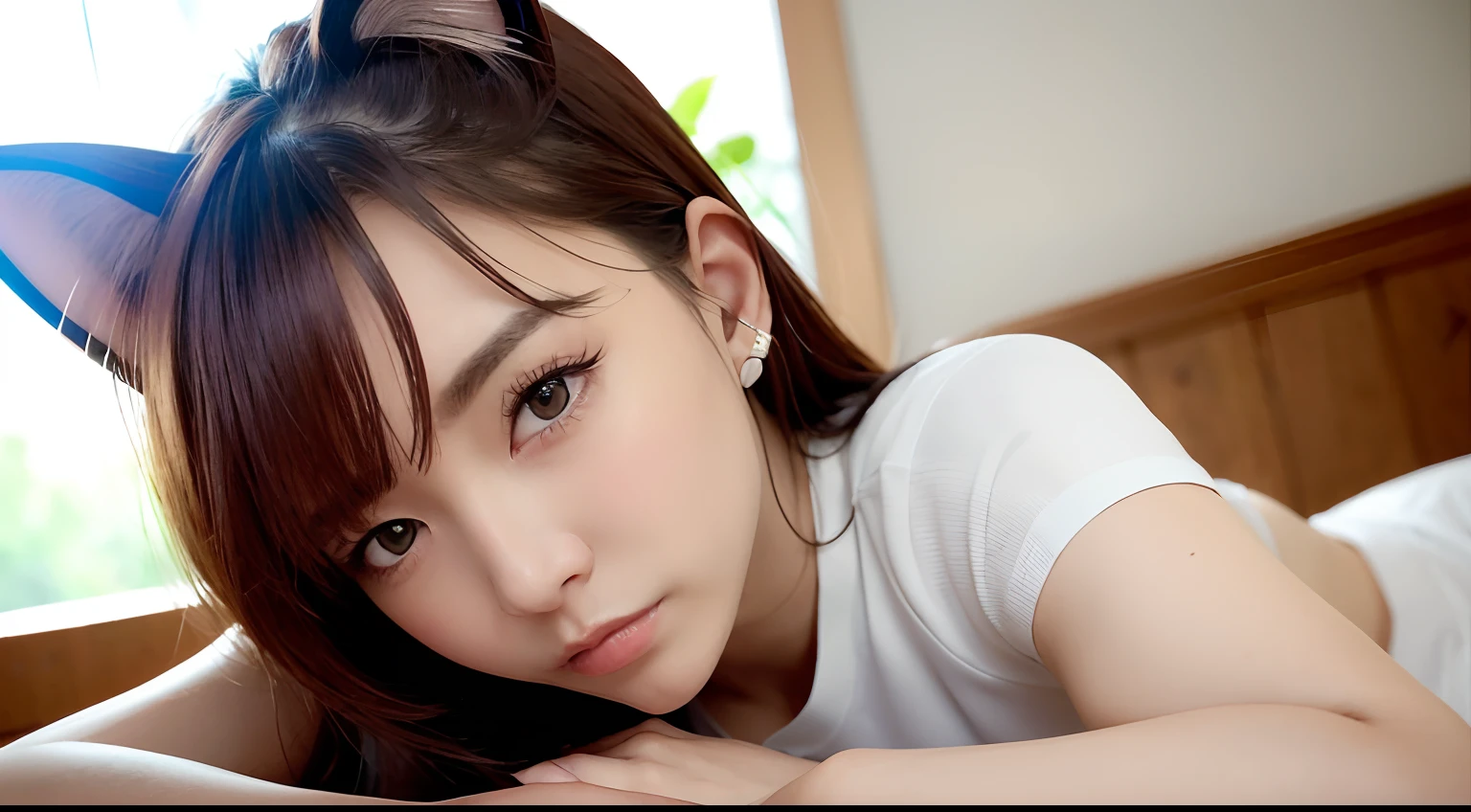 (Raw photography、top-quality)、(realisitic)、(Cat's ears:1.2)、top-quality、​masterpiece、extremely delicate and beautiful、ighly detailed、nffsw、Unity、2k wallpaper、detaile、​masterpiece、top-quality、huge filesize、ultra-detailliert、hight resolution、ighly detailed、1girl in、Slim body、(Short sleeved shirt:1.1)、(uniformss:1.1)、(pleatedskirt:1.1)、Porcelain Skin、(Brown hair)、see the beholder、close up of face、straight haired、 extra detailed face, extremely detailed eye, Smile, Sateen ,