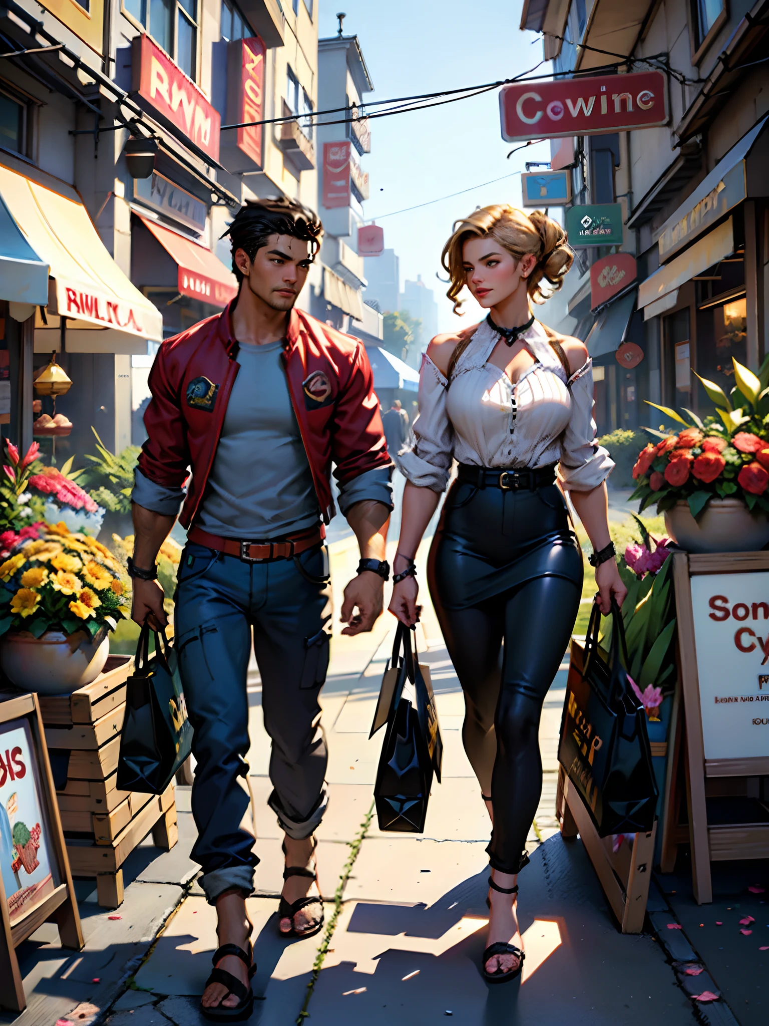there is a man and woman standing in front of a store, flower shop scene, romance novel cover, detailed scene, stylized urban fantasy artwork, in city street, beautiful screenshot, life simulator game screenshot, hyper detailed scene, realistic fantasy render, realistic scene, highly detailed scene, inspired by Jaime Frias, photorealistic