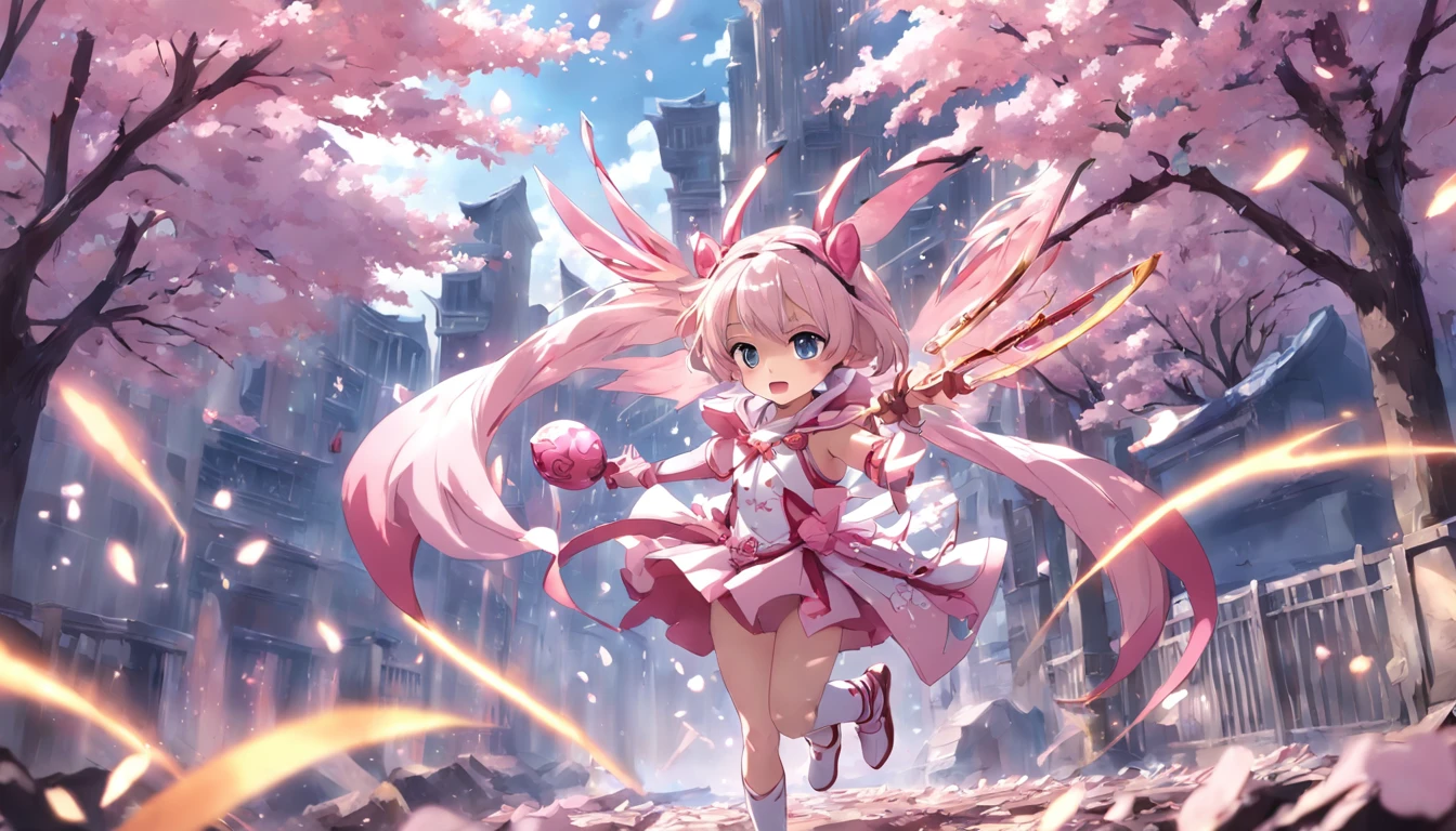 photoRealstic,She is a magical girl、Magic wand and magical creatures、Fight in the ruins of the city、Completely unbeatable cuteness、Cherry blossom petals