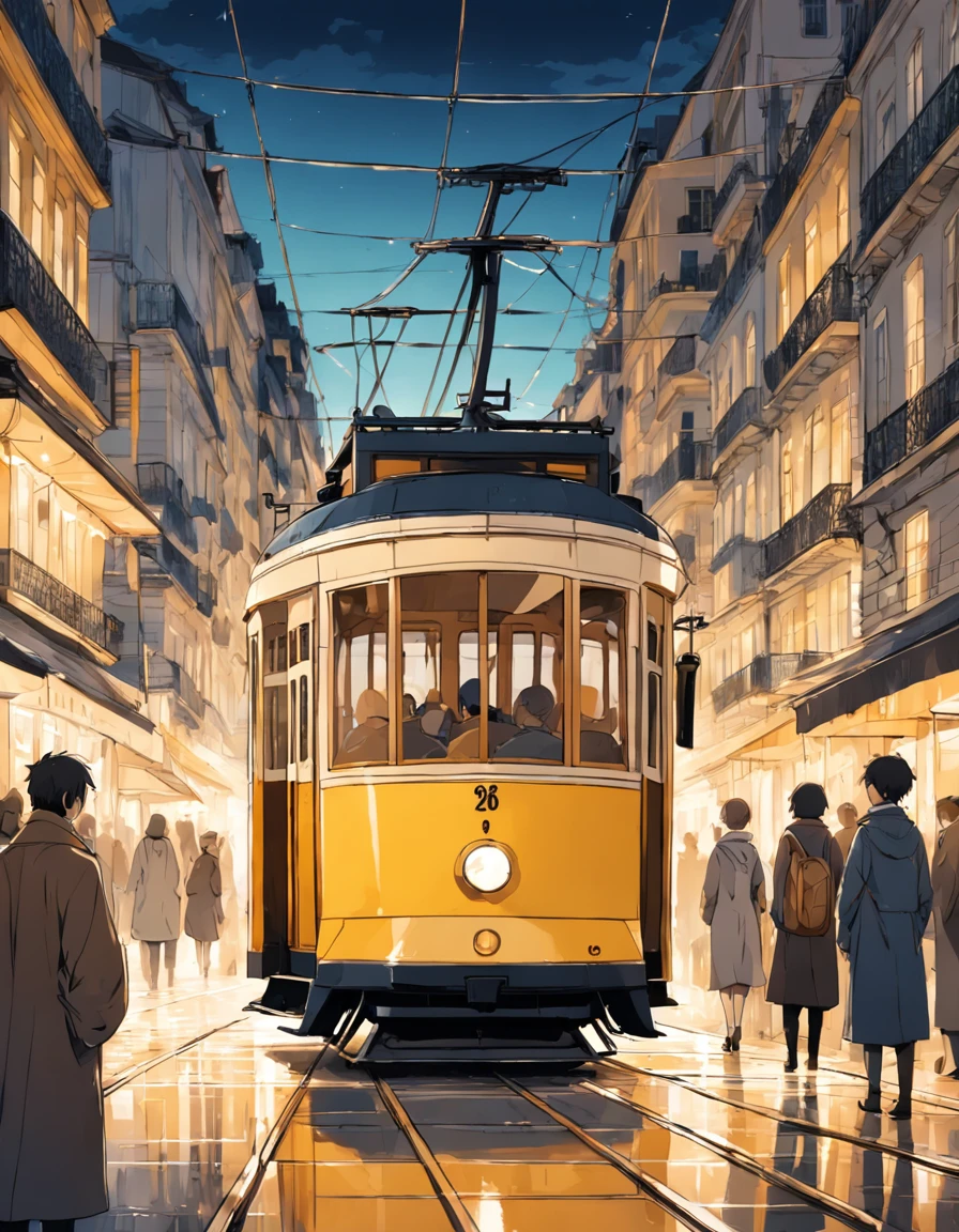 Simple illustration of a yellow Lisbon Tram 28e, with flat colors, front-facing perspective, bold black lines, on a white background.