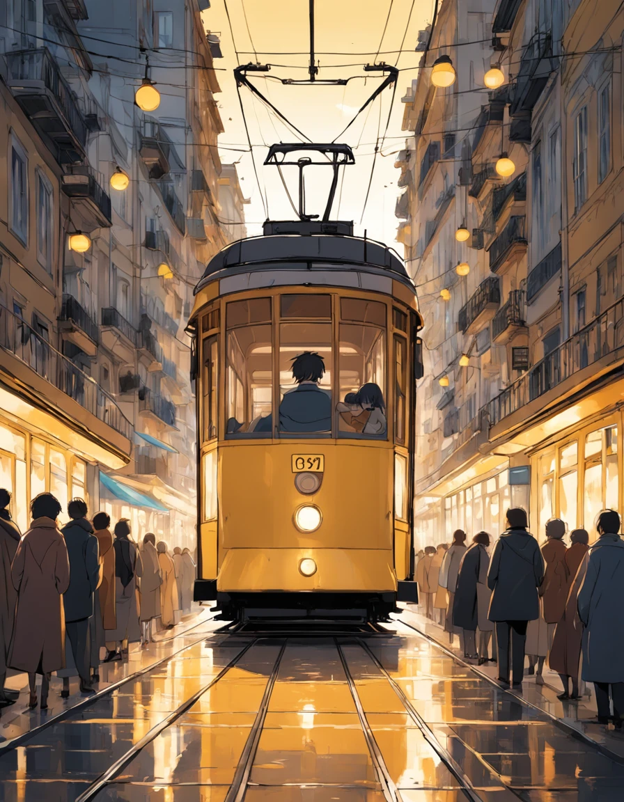Simple illustration of a yellow Lisbon Tram 28e, with flat colors, front-facing perspective, bold black lines, on a white background.