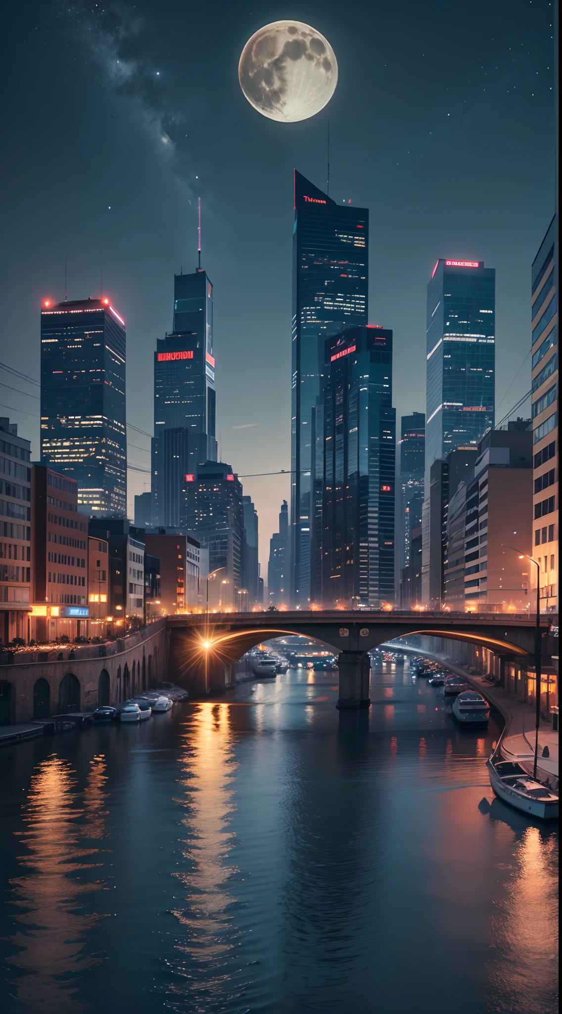city night scene,Bustling,optic,shadowy,Award-Awarded,themoon,Ultimate beauty,8K,Wallpapers
