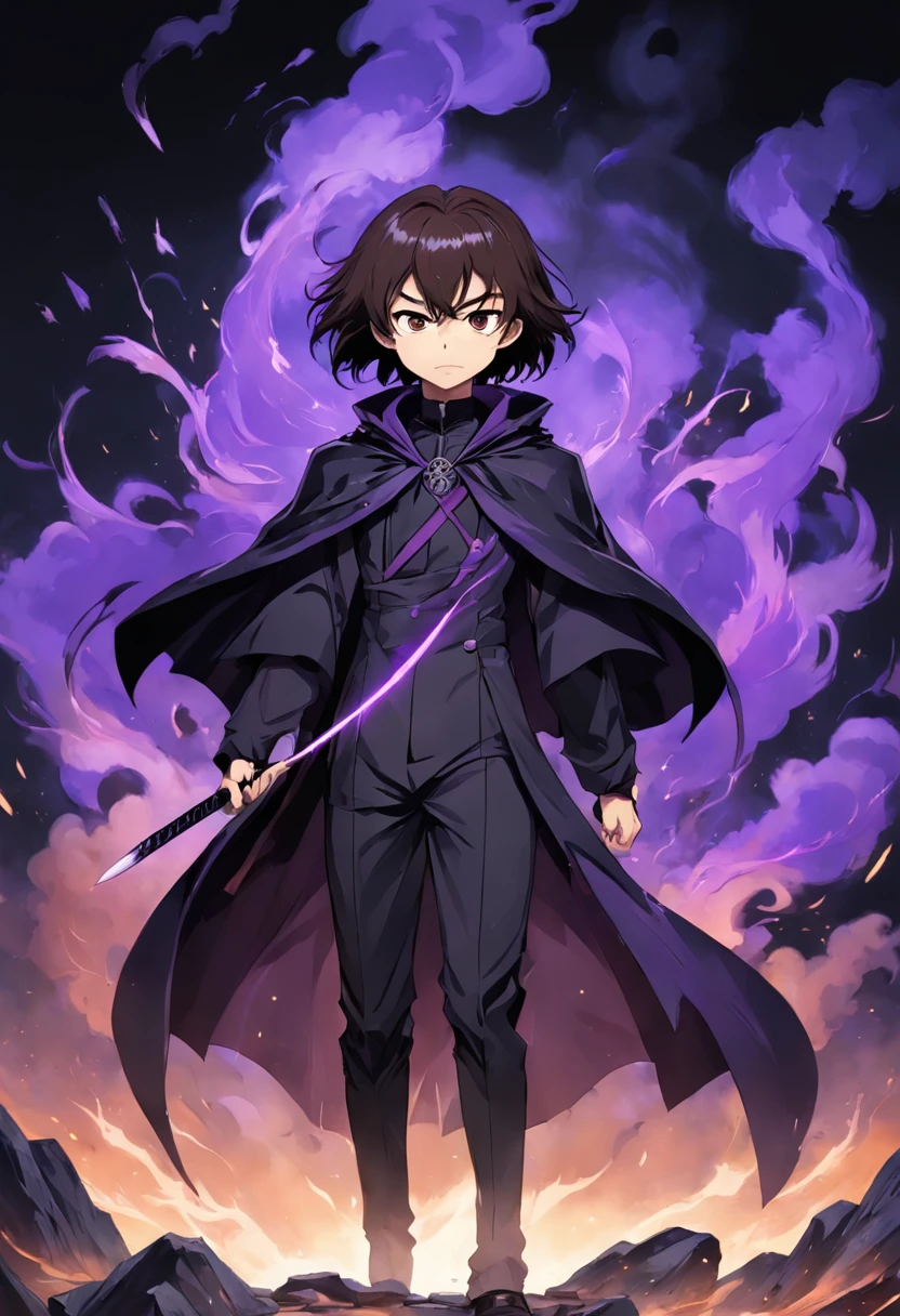 solo leveling artwork, S-class hunter, Filipino teen with short dark brown hair and dark brown eyes, slighly visable moustache and small sslightly visable goatee, black cloak, surrounded by black and purple smoke, holding daggers, realistic face.