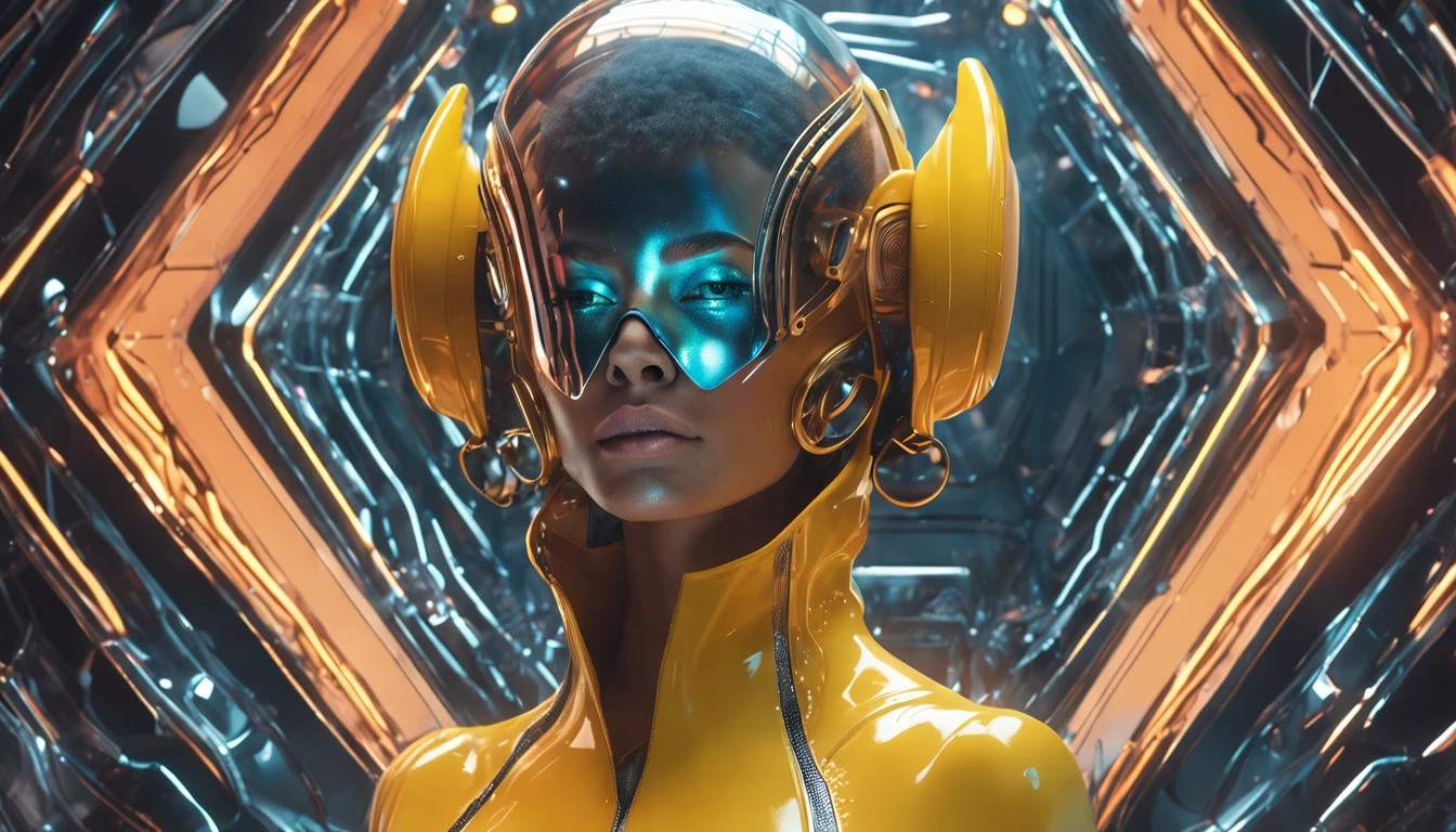 (professional 3d render:1.3) af (Realistic:1.3) most beautiful artwork photo in the world, woman wearing an ornate curved mask and multi color diamond patterned ridged contoured organic costume with ornate glass elongated dome visor, organic surrounding flowers and plants, dynamic glamor pose holding exquisite engraved space gun, alien woman, as a futuristic heroine, vespertine, futuristic clothing and glass, movie still, fashionable futuristic woman, H.R.Giger, Simon Stalenhag, female barbarella sci fi, alien girl, of a futuristic white european blonde woman. avante garde design stylings inspired by yellow and black squares and curves(Intricate:1.4), decadent, (Highly detailed:1.4), Digital painting, rendering by octane, art stations, concept-art, smooth, Sharp focus, illustration, Art germ, (loish:0.23), wlop ilya kuvshinov, and greg rutkowski and alphonse mucha gracias, (Global illumination, Studio light, volumettic light), heavy rain, wet surface textures, pouring rain, rain drops, lotr, fantasy, elf, full body, ((Dark city background:1.3)),CGSesociety,art stations