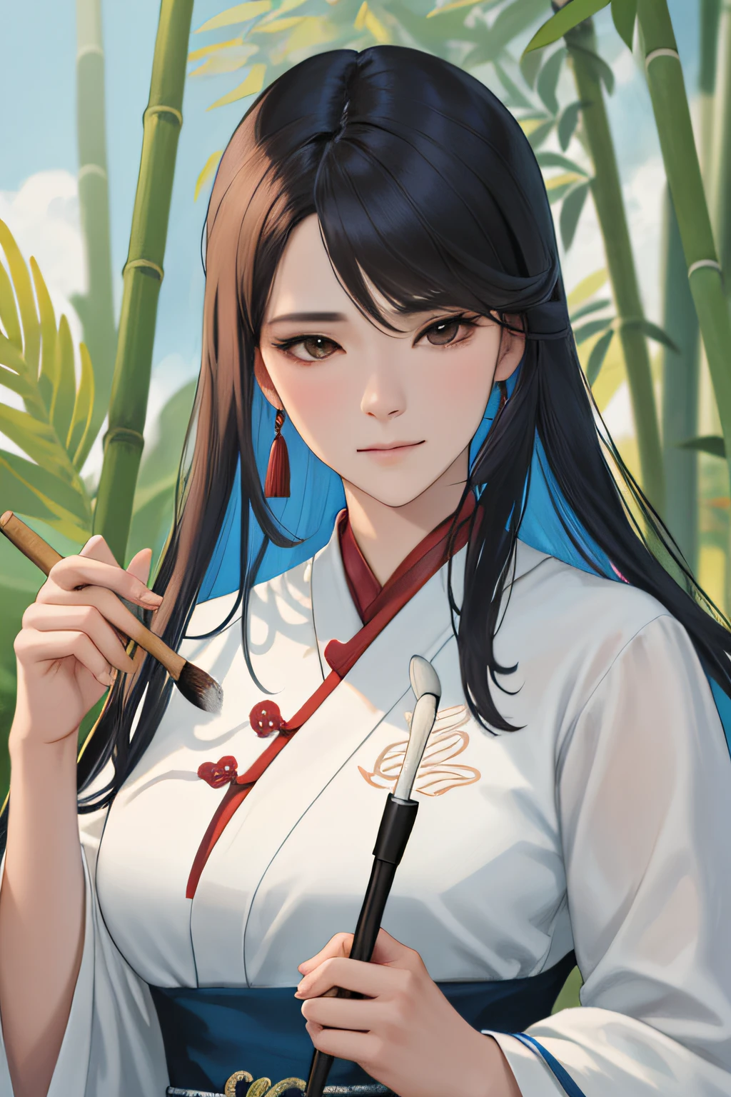 NSFW, obra-prima, melhor qualidade, ultra-detalhado, semi-realista, detailedfacialfeatures, 2woman,usando roupas velha wuxia chinesa,cabelos carmesim compridos , olhos negros,voluptuosa,sensual e sexy,muito bonita,grandes mamas quase sendo exibida,corpo perfeito,holding a bamboo scroll in his left hand and in his right a writing brush