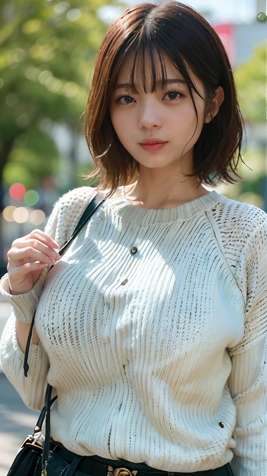 (top-quality、8K、32K、​masterpiece)、Japan beauties、((huge-ed))、very short bobbed hair、The upper part of the body、sface focus、Finely knitted cotton sweater、simple background、looking at the viewers