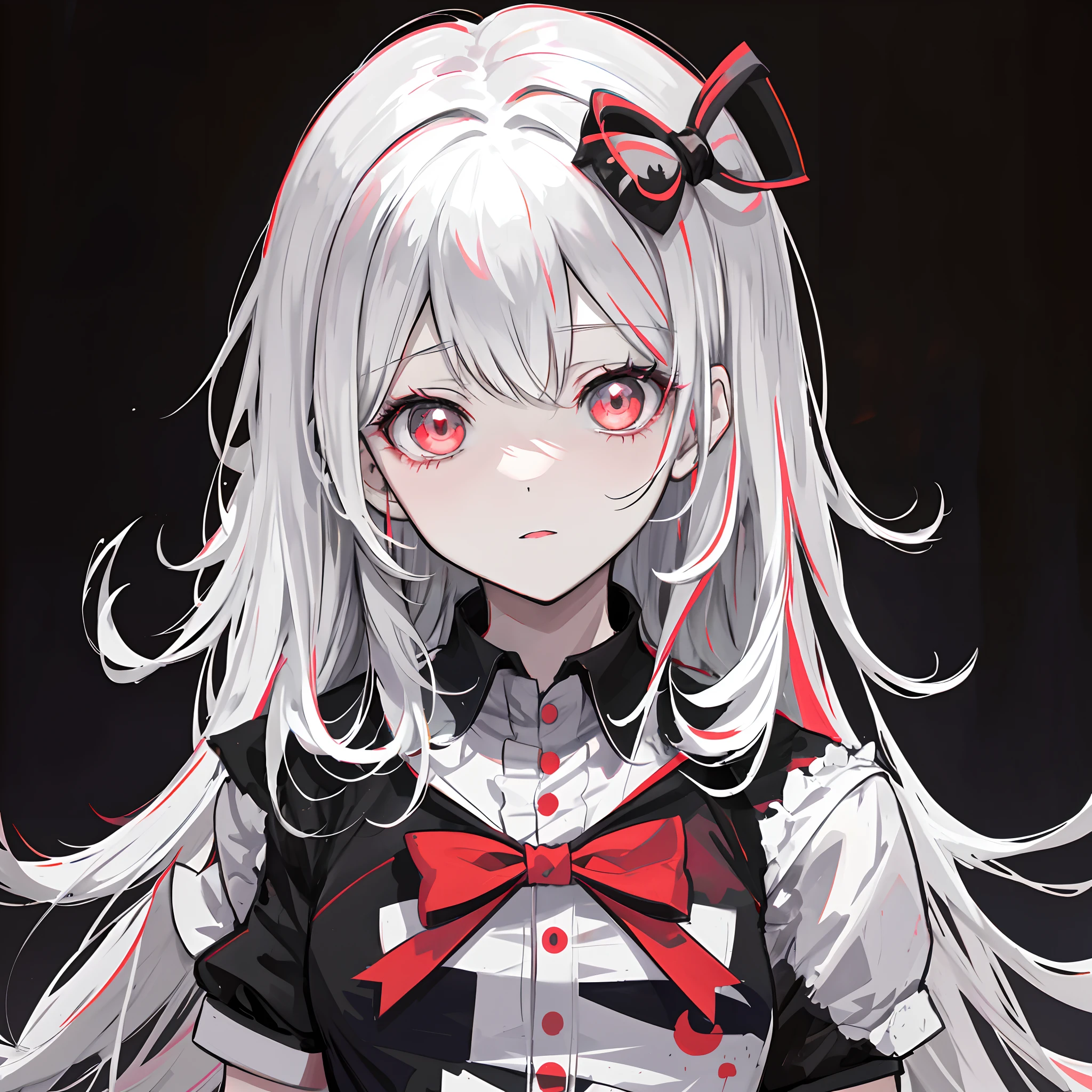 Anime girl with red bow and black shirt, digital art from danganronpa, junko enoshima from danganronpa, Girl with white hair, white haired Cangcang, gapmoe yandere grimdark, Perfect white haired girl, White-haired, portrait gapmoe yandere grimdark, white haired lady, gapmoe yandere